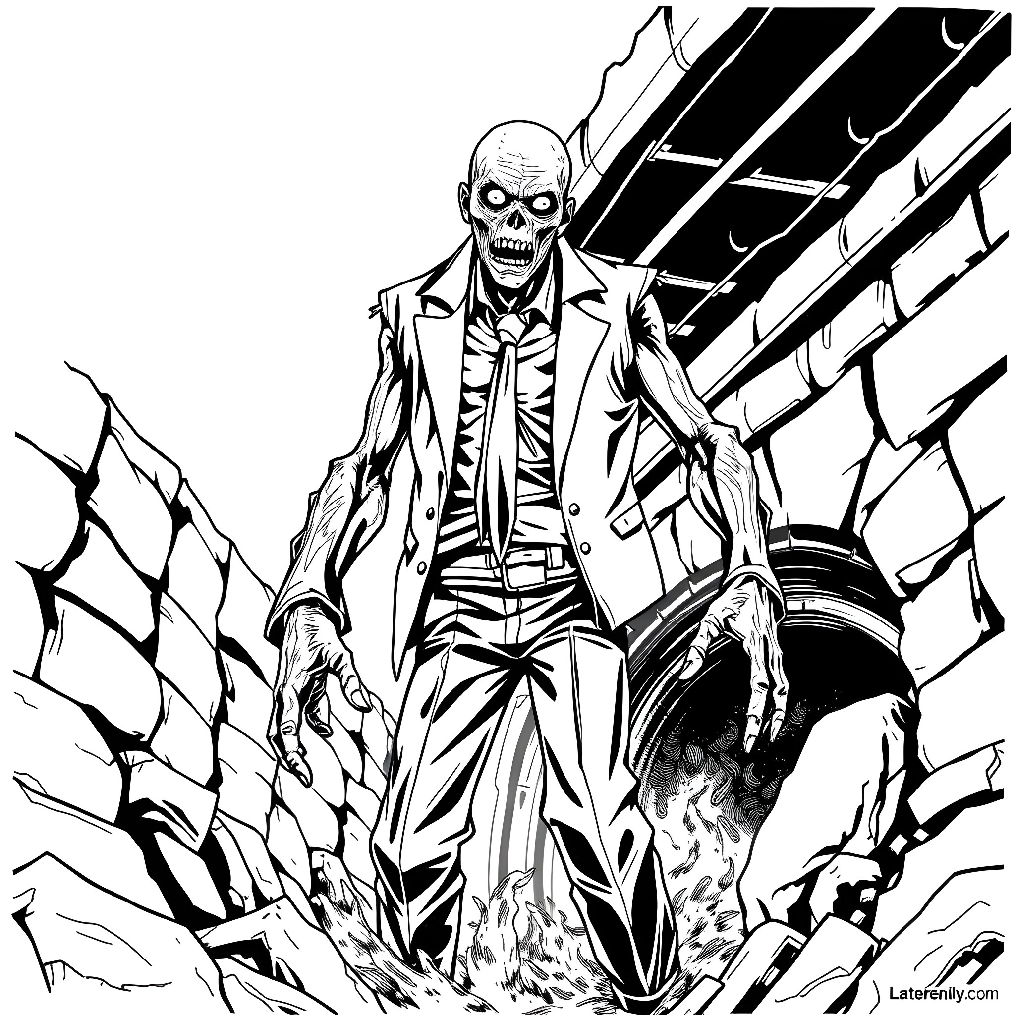 Zombie Emerging from Shattered Debris Coloring Page (free black-and-white line drawing printable PDF for all, from beginners to advanced learners, including children, teens, adults, and seniors)