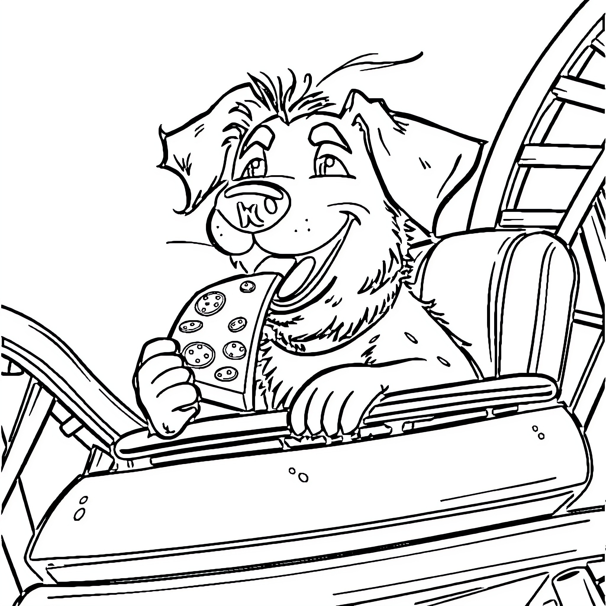 Dog riding in a car and playing with a toy Coloring Page (free black-and-white line drawing printable PDF for all, from beginners to advanced learners, including children, teens, adults, and seniors)