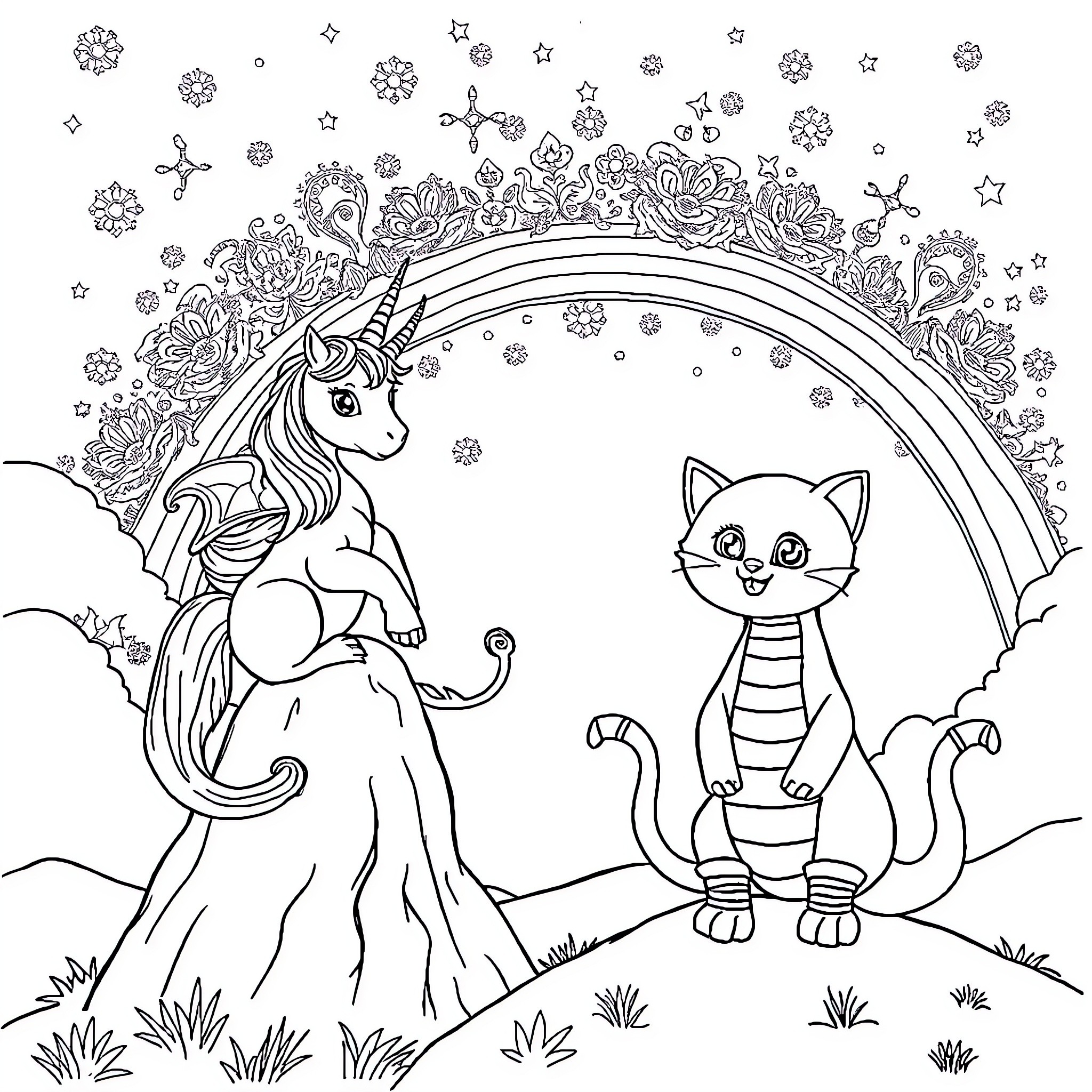 Unicorn and cute cat in whimsical fantasy scene Coloring Page (free black-and-white line drawing printable PDF for all, from beginners to advanced learners, including children, teens, adults, and seniors)