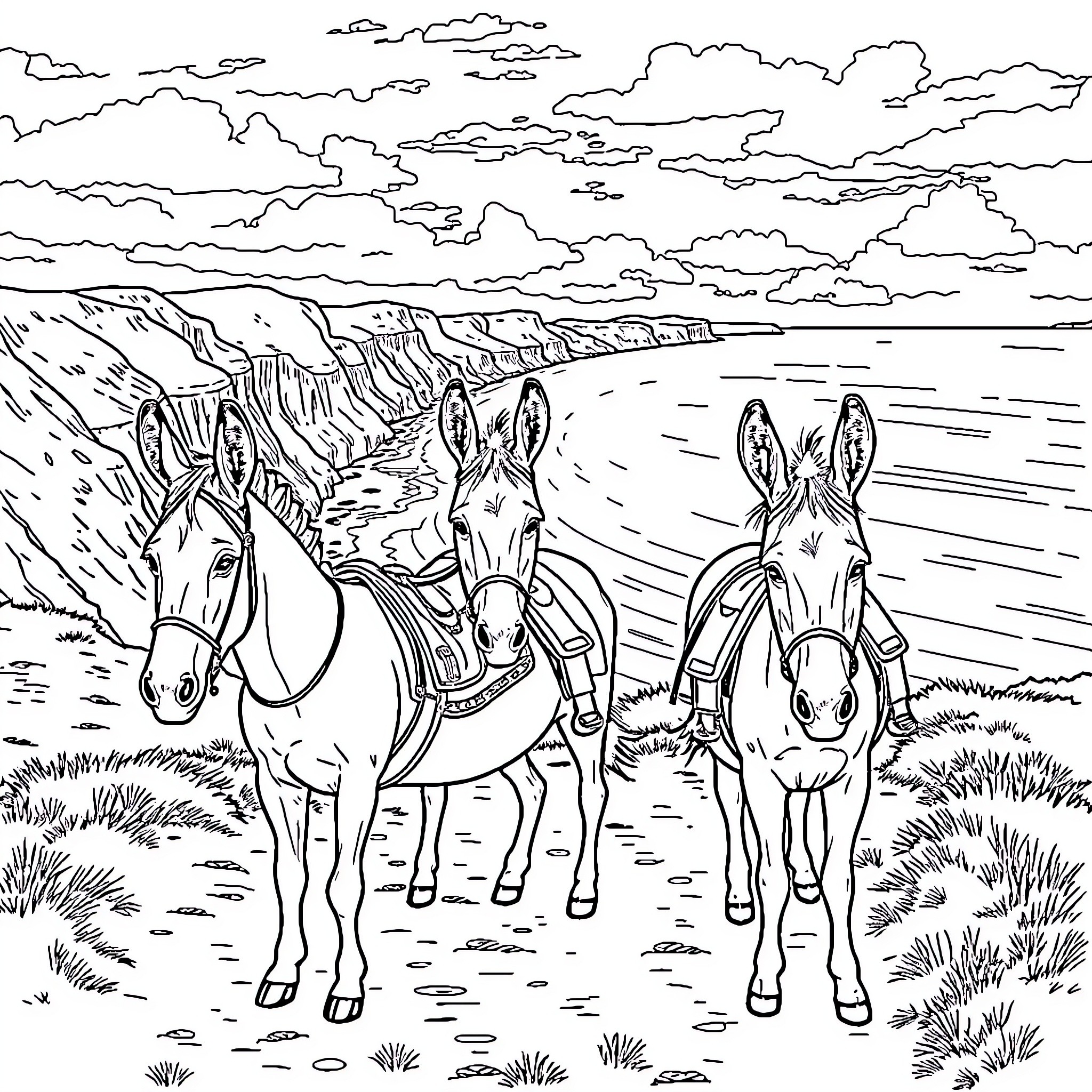 Donkey Caravan on a Scenic Coastal Trail Coloring Page (free black-and-white line drawing printable PDF for all, from beginners to advanced learners, including children, teens, adults, and seniors)