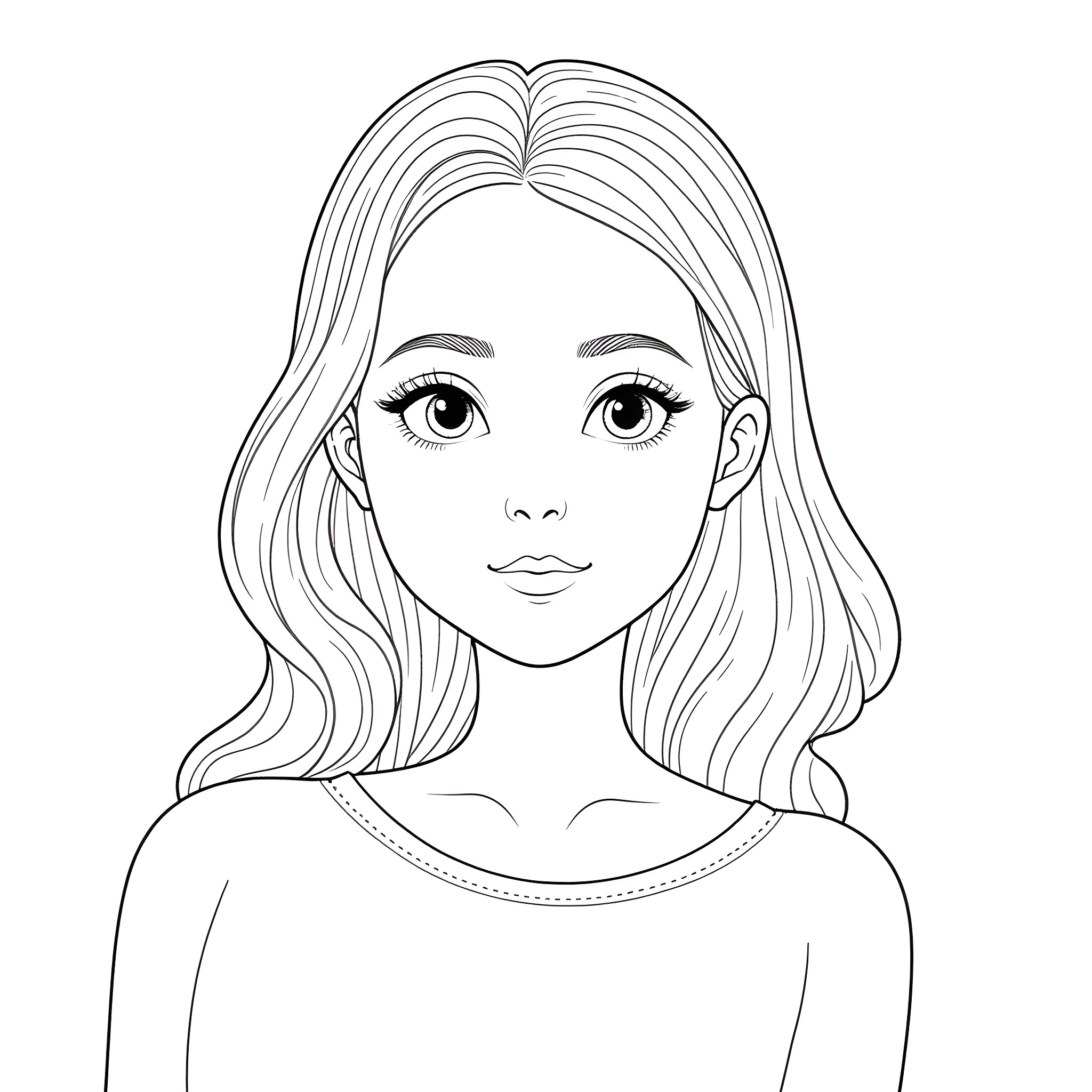 Teen girl with beautiful flowing hair Coloring Page (free black-and-white line drawing printable PDF for all, from beginners to advanced learners, including children, teens, adults, and seniors)