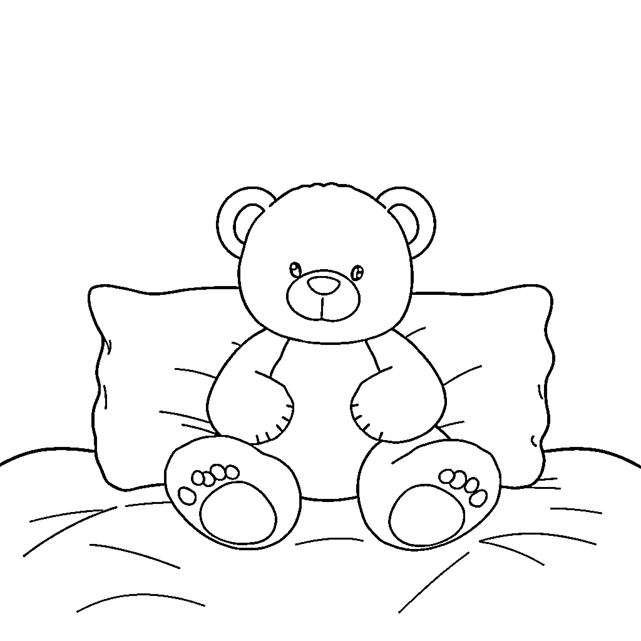 Teddy Bear resting on plush pillows Coloring Page (free black-and-white line drawing printable PDF for all, from beginners to advanced learners, including children, teens, adults, and seniors)