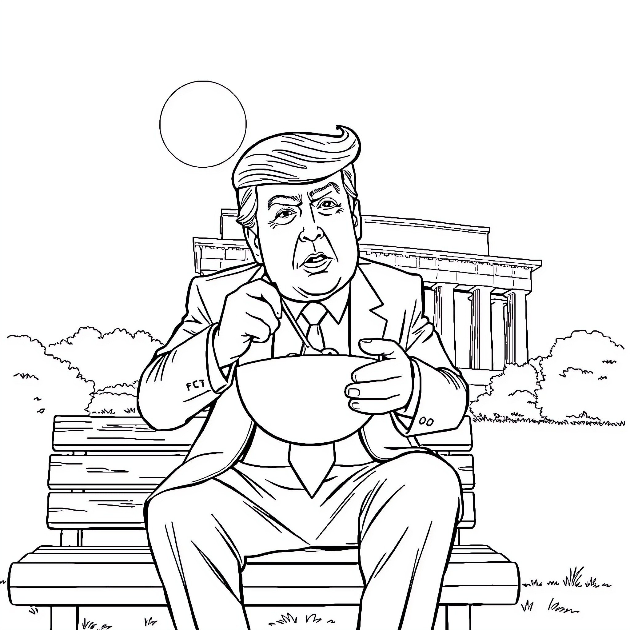 Donald Trump sitting on a bench with a speech bubble Coloring Page (free black-and-white line drawing printable PDF for all, from beginners to advanced learners, including children, teens, adults, and seniors)