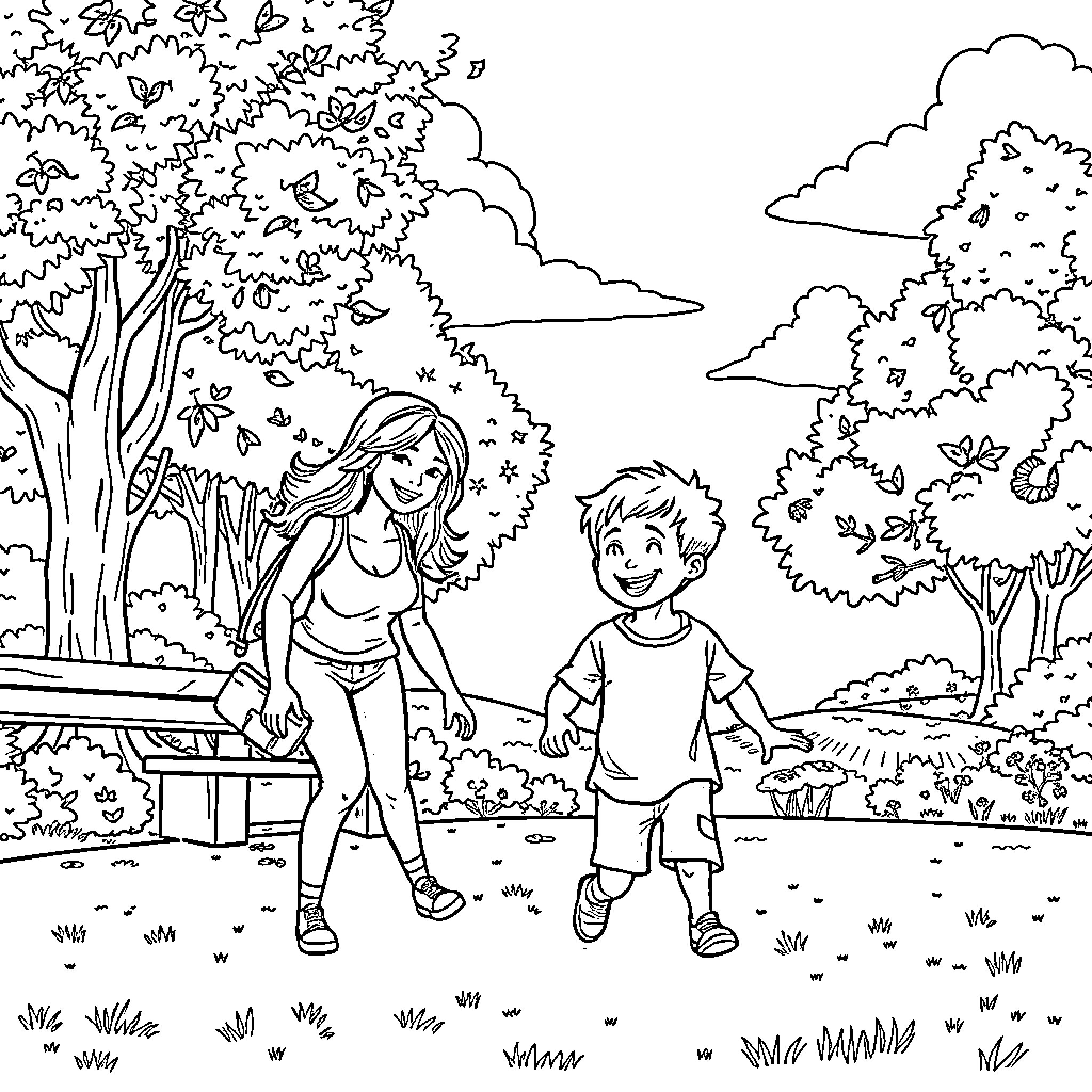 Boy and girl exploring nature together Coloring Page (free black-and-white line drawing printable PDF for all, from beginners to advanced learners, including children, teens, adults, and seniors)