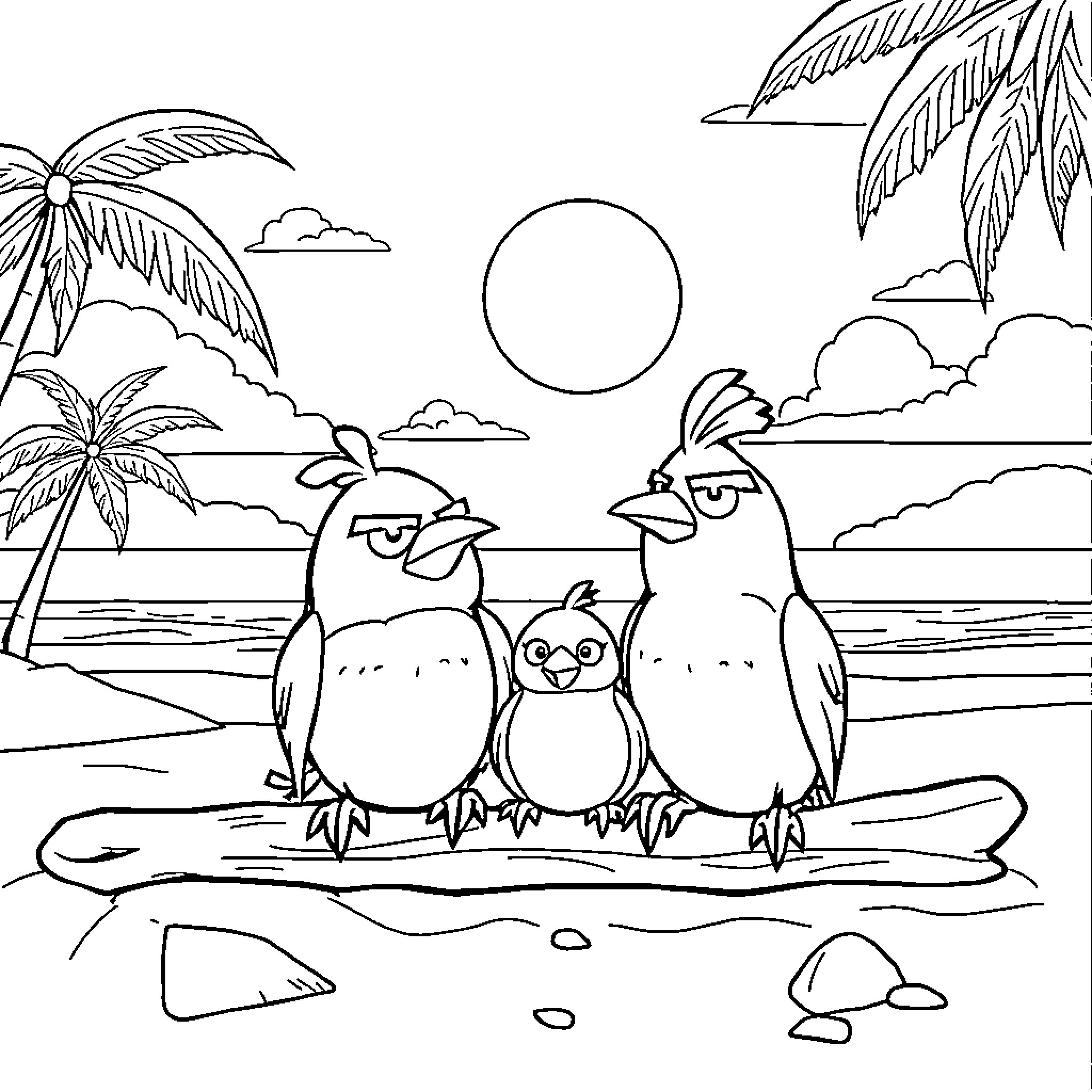 Angry Birds in Tropical Paradise Coloring Page (free black-and-white line drawing printable PDF for all, from beginners to advanced learners, including children, teens, adults, and seniors)