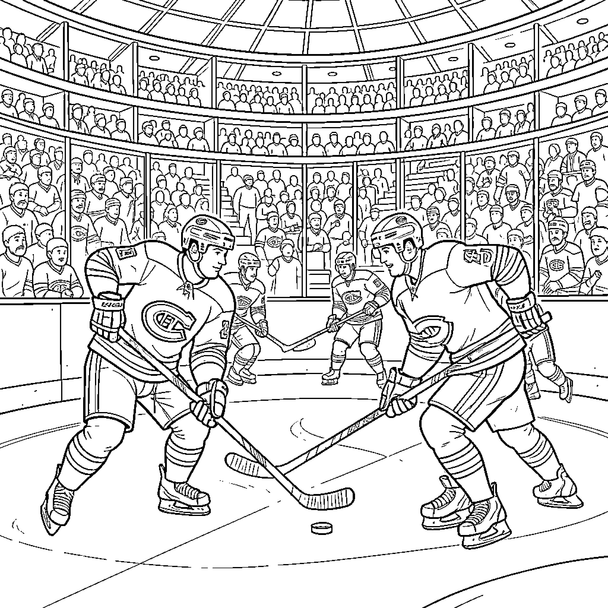 Montreal Canadiens players competing for the puck in game Coloring Page (free black-and-white line drawing printable PDF for all, from beginners to advanced learners, including children, teens, adults, and seniors)