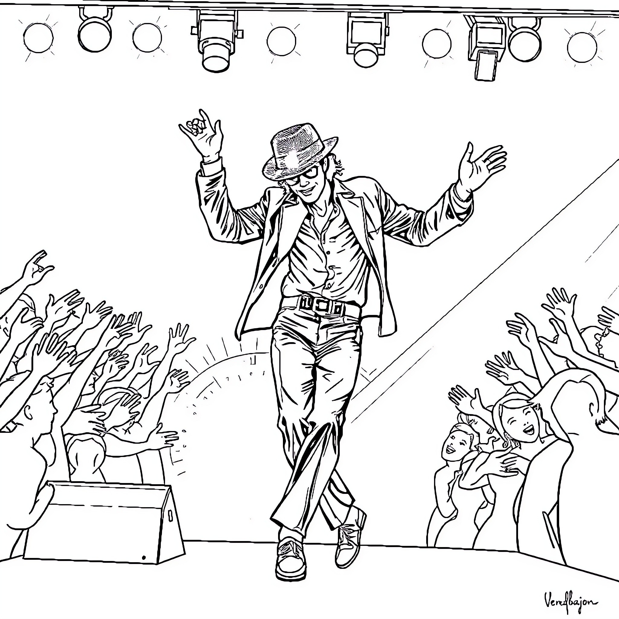 Michael Jackson Performing Energetically on Stage Coloring Page (free black-and-white line drawing printable PDF for all, from beginners to advanced learners, including children, teens, adults, and seniors)