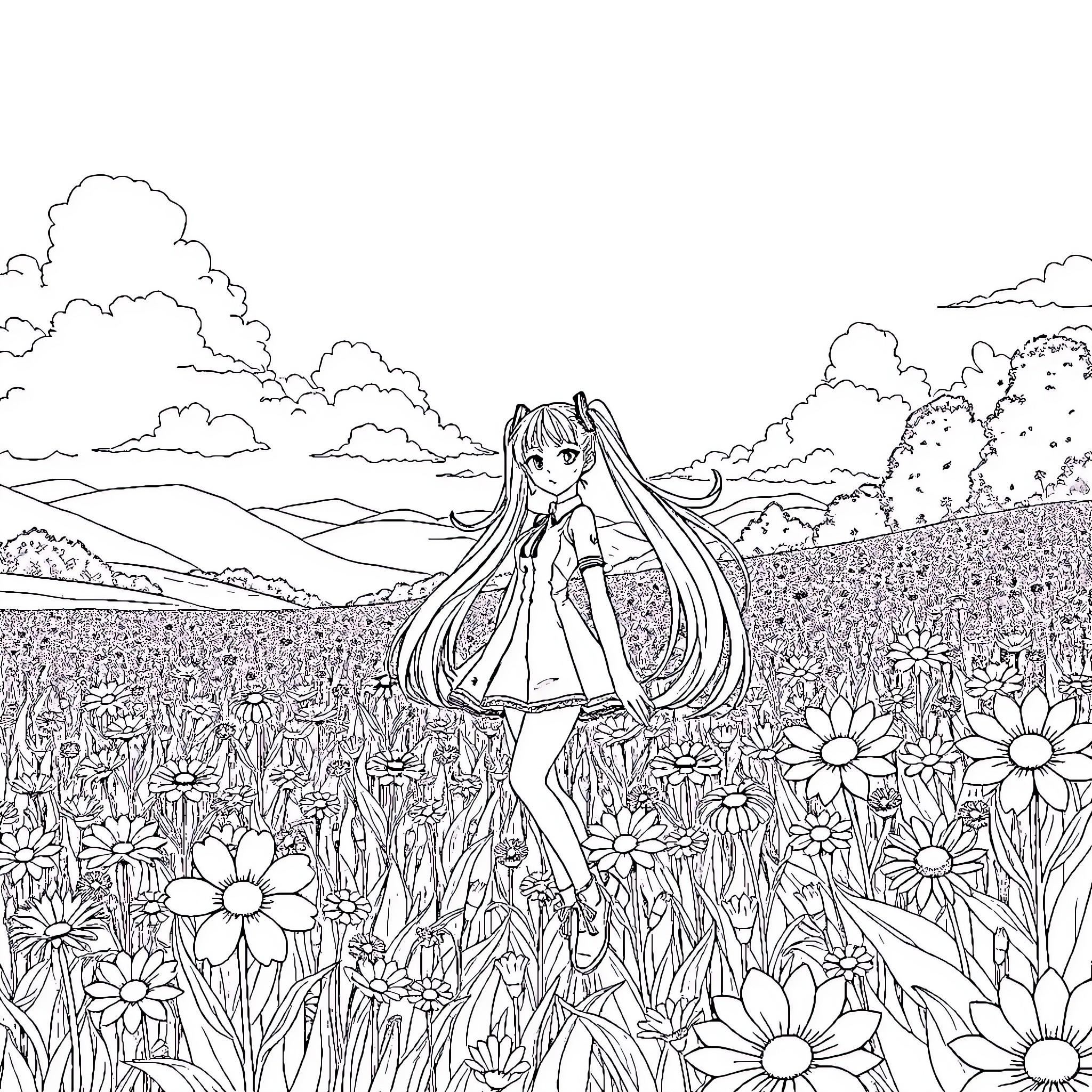 Hatsune Miku enjoying a flower-filled meadow Coloring Page (free black-and-white line drawing printable PDF for all, from beginners to advanced learners, including children, teens, adults, and seniors)
