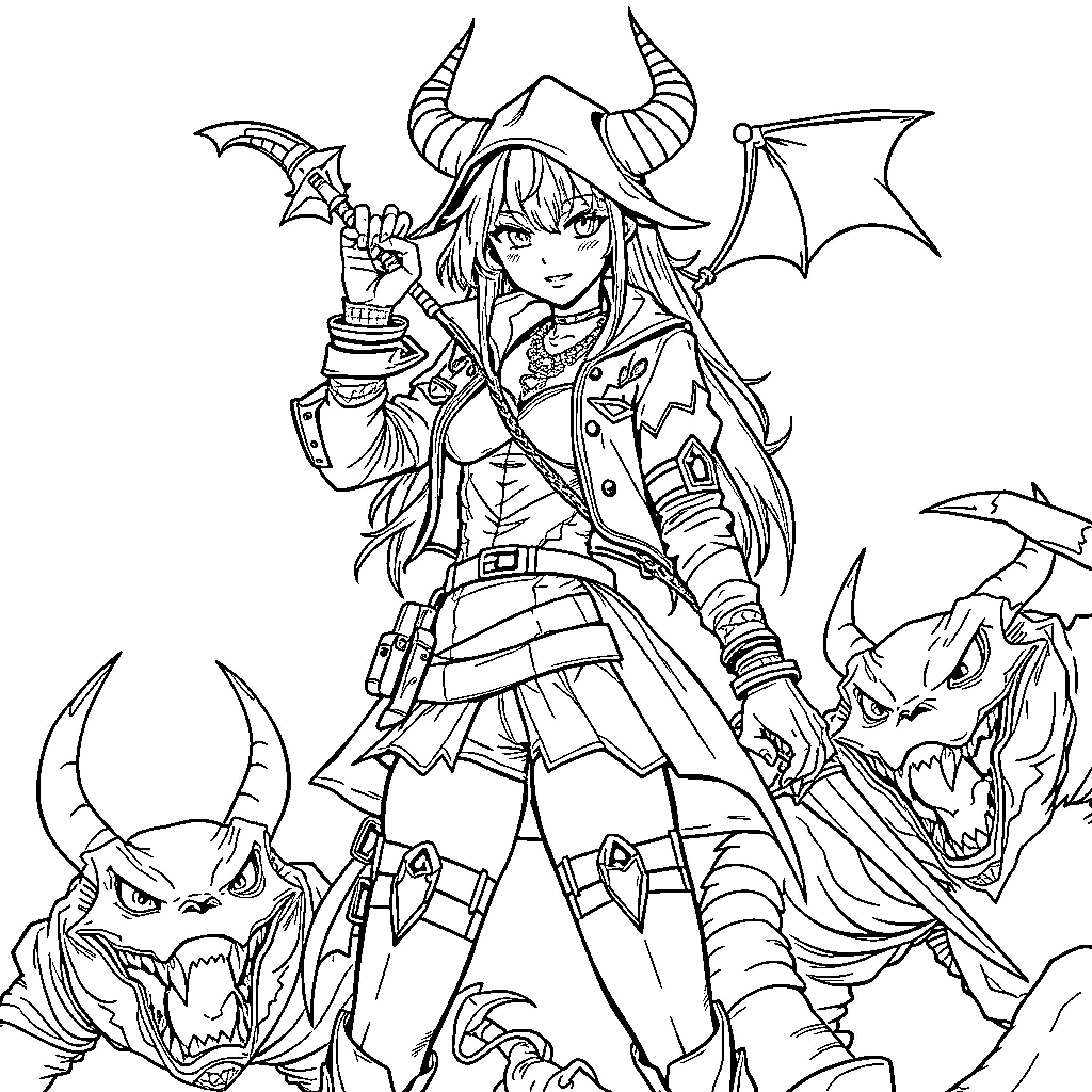 Demon girl wields magical staff in fantasy battle scene Coloring Page (free black-and-white line drawing printable PDF for all, from beginners to advanced learners, including children, teens, adults, and seniors)