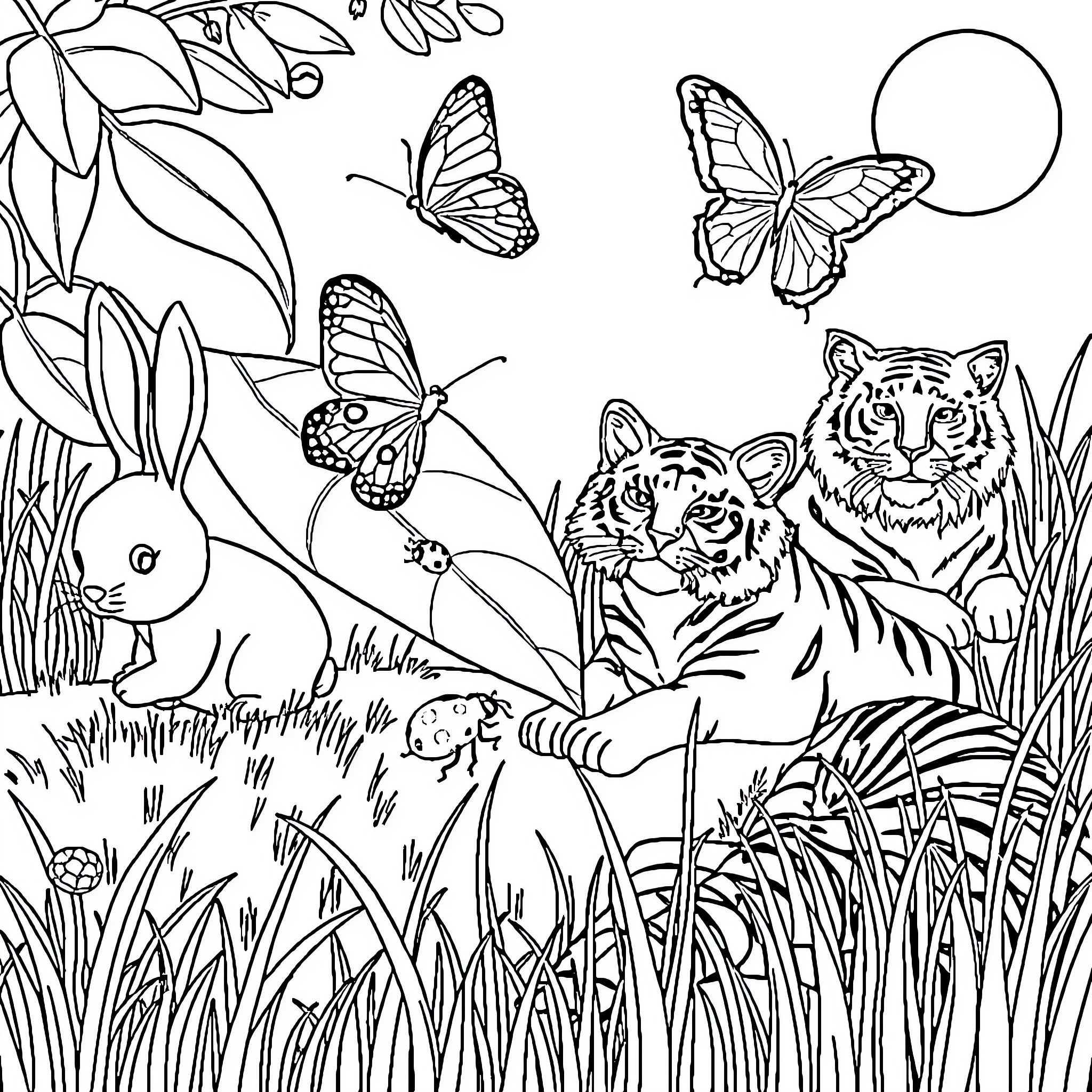 Animal Creatures in Lush Garden Coloring Page (free black-and-white line drawing printable PDF for all, from beginners to advanced learners, including children, teens, adults, and seniors)