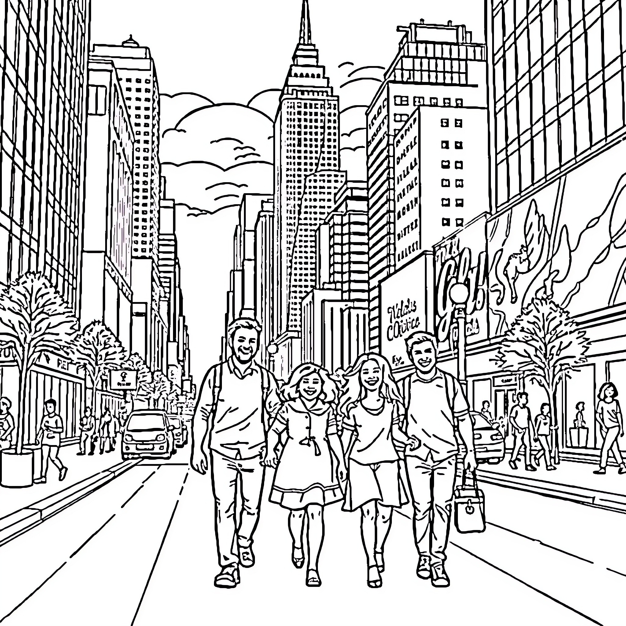 Family Strolling Through the Bustling City Streets Coloring Page (free black-and-white line drawing printable PDF for all, from beginners to advanced learners, including children, teens, adults, and seniors)