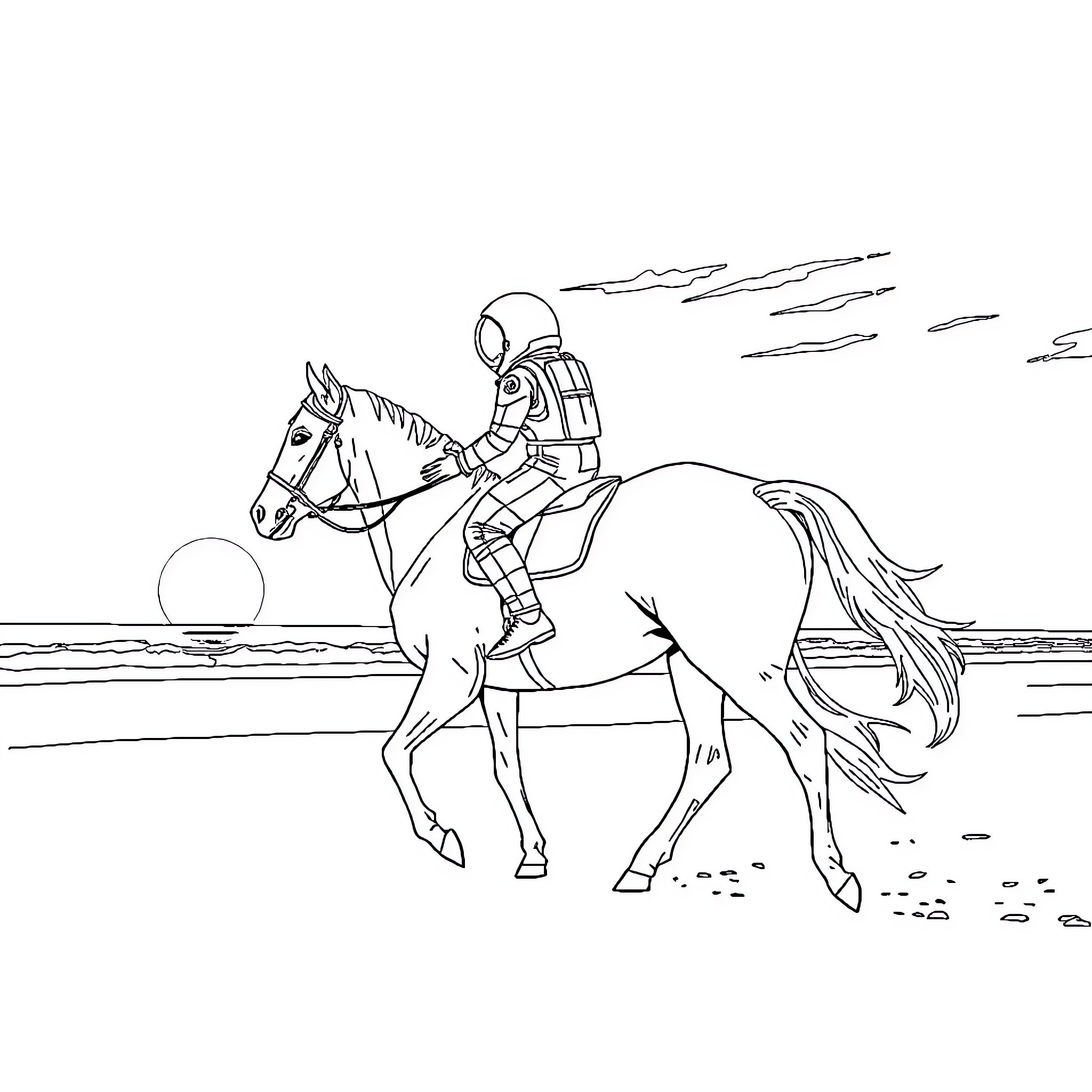 Astronaut riding a horse across the desert Coloring Page (free black-and-white line drawing printable PDF for all, from beginners to advanced learners, including children, teens, adults, and seniors)