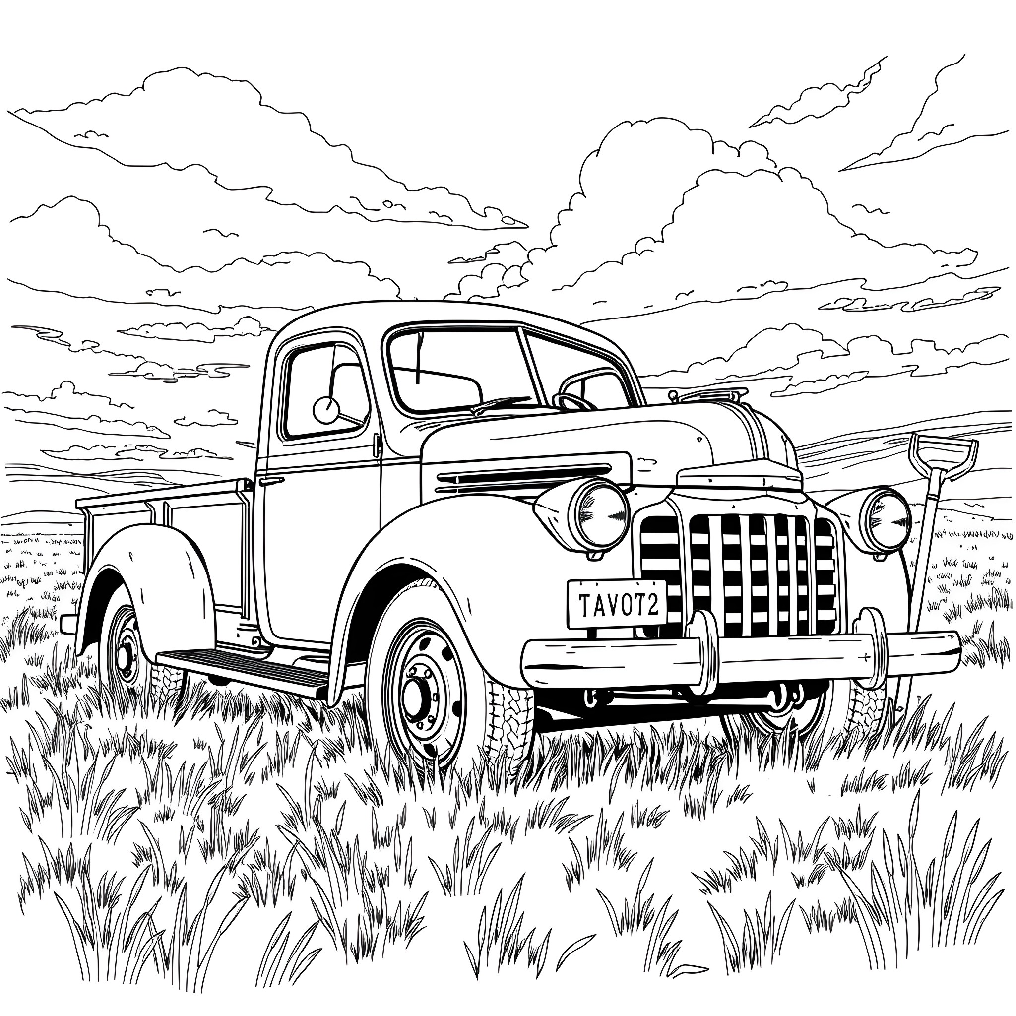 Truck in rural countryside scene Coloring Page (free black-and-white line drawing printable PDF for all, from beginners to advanced learners, including children, teens, adults, and seniors)