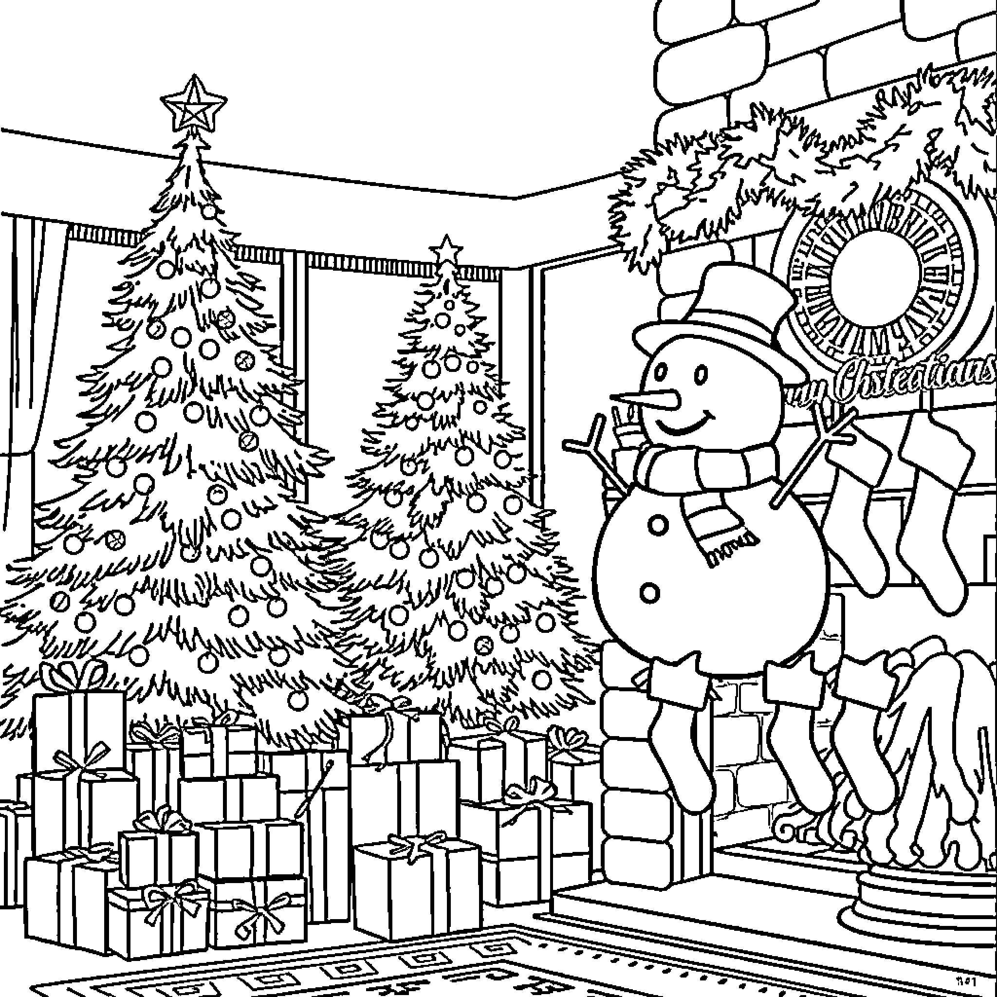 Christmas Celebration with Decorated Trees and Snowman Coloring Page (free black-and-white line drawing printable PDF for all, from beginners to advanced learners, including children, teens, adults, and seniors)