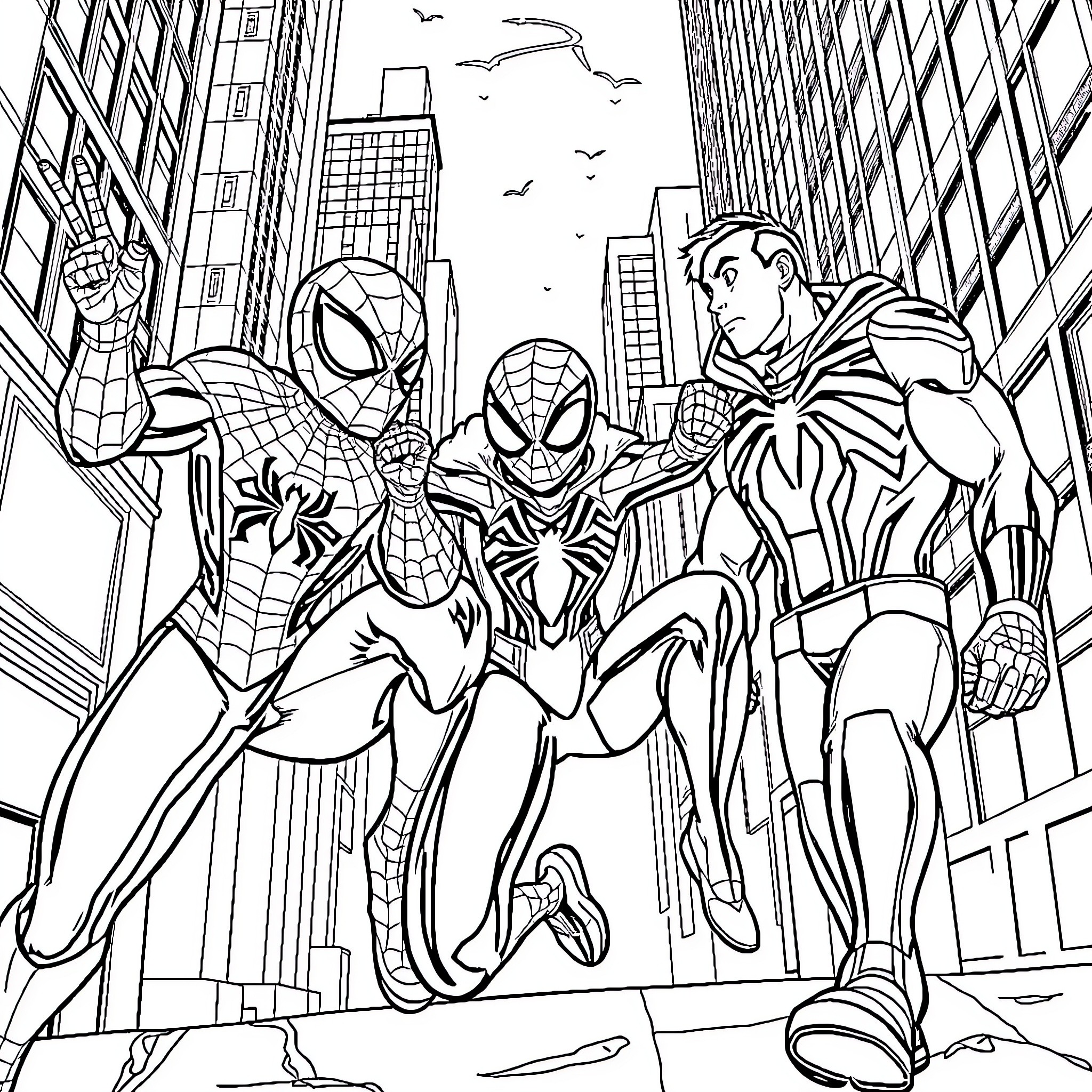Spider Heroes Assemble in Vibrant City Setting Coloring Page (free black-and-white line drawing printable PDF for all, from beginners to advanced learners, including children, teens, adults, and seniors)