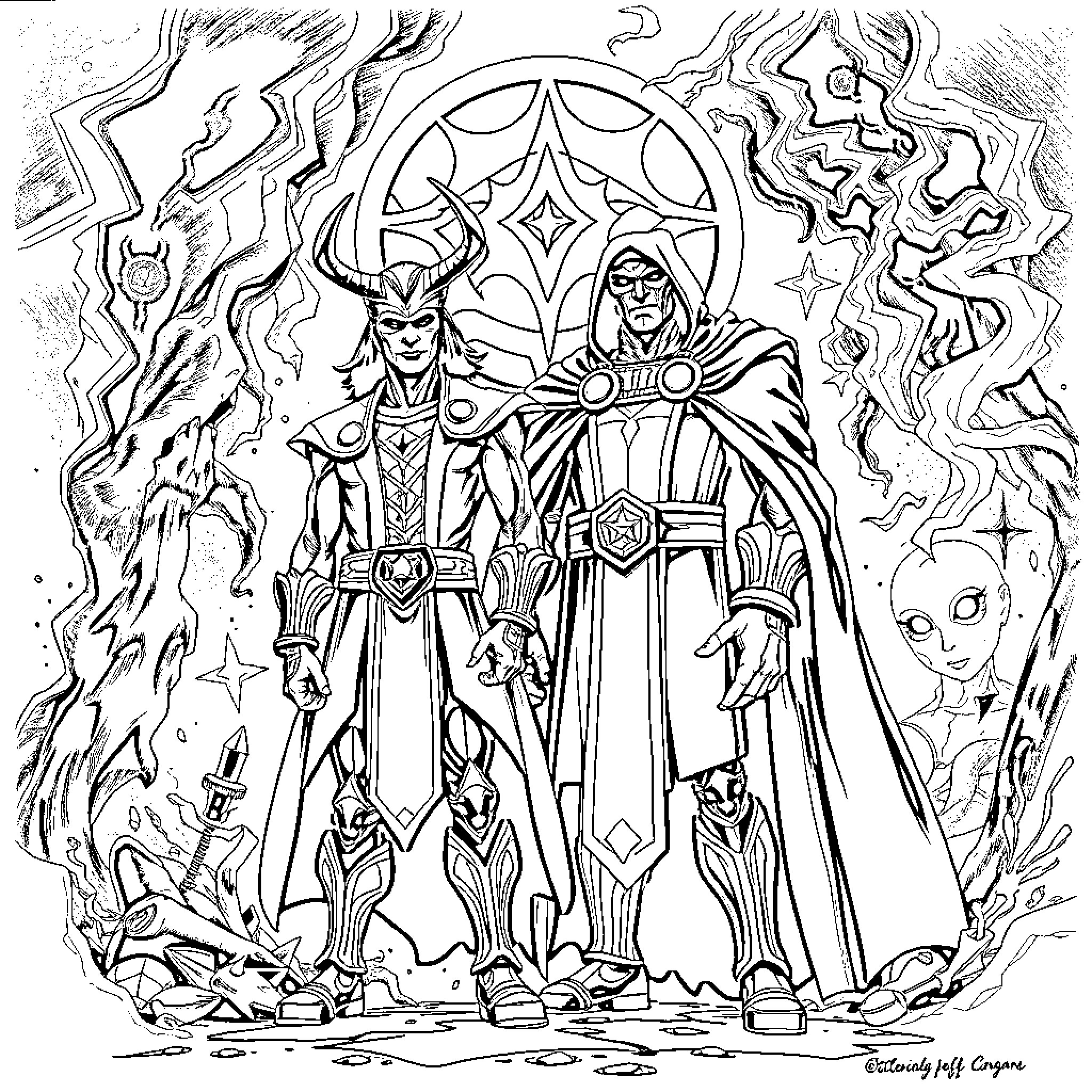 Loki Standing Tall in Ornate Attire Coloring Page (free black-and-white line drawing printable PDF for all, from beginners to advanced learners, including children, teens, adults, and seniors)