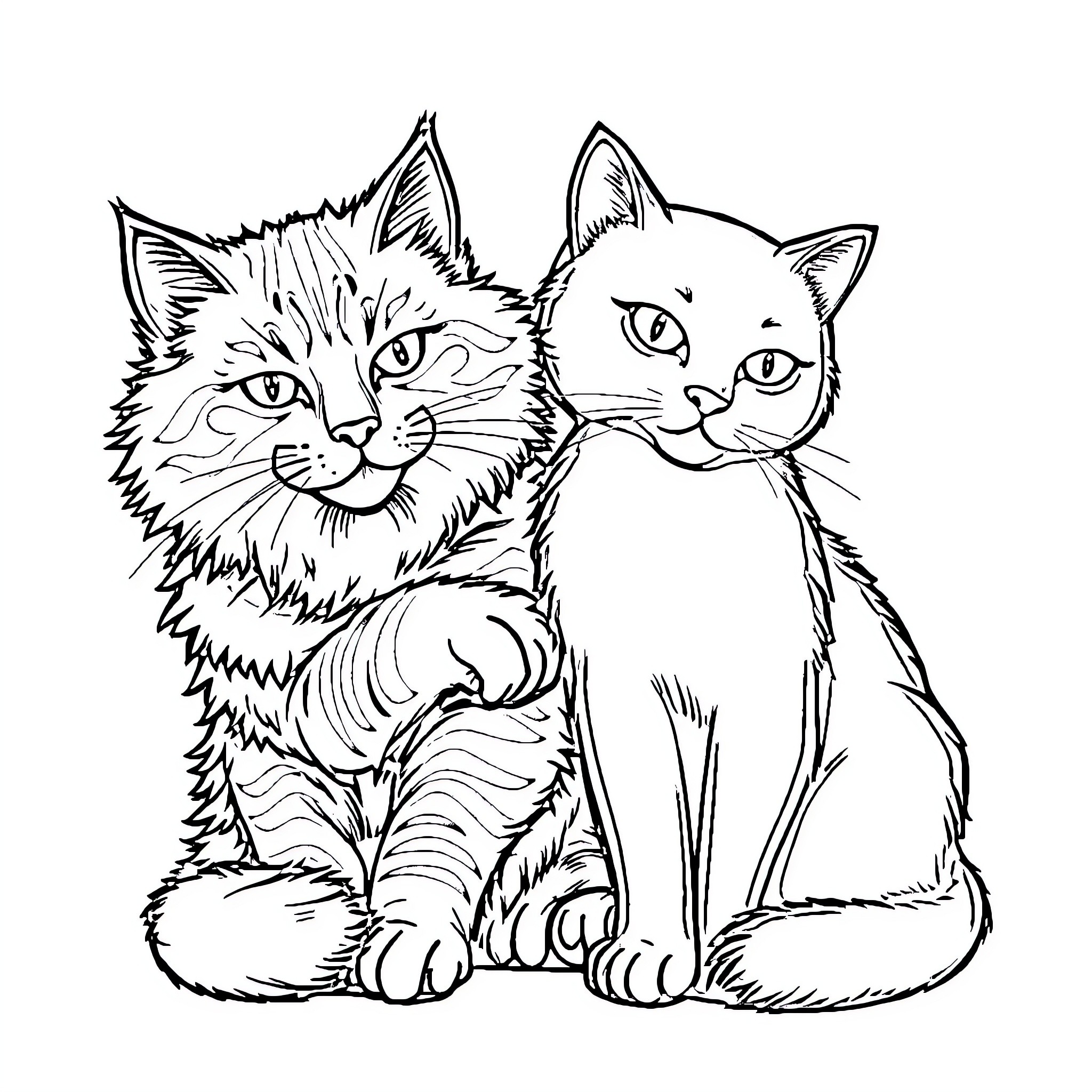 Cat Companions in Sketch Style Coloring Page (free black-and-white line drawing printable PDF for all, from beginners to advanced learners, including children, teens, adults, and seniors)