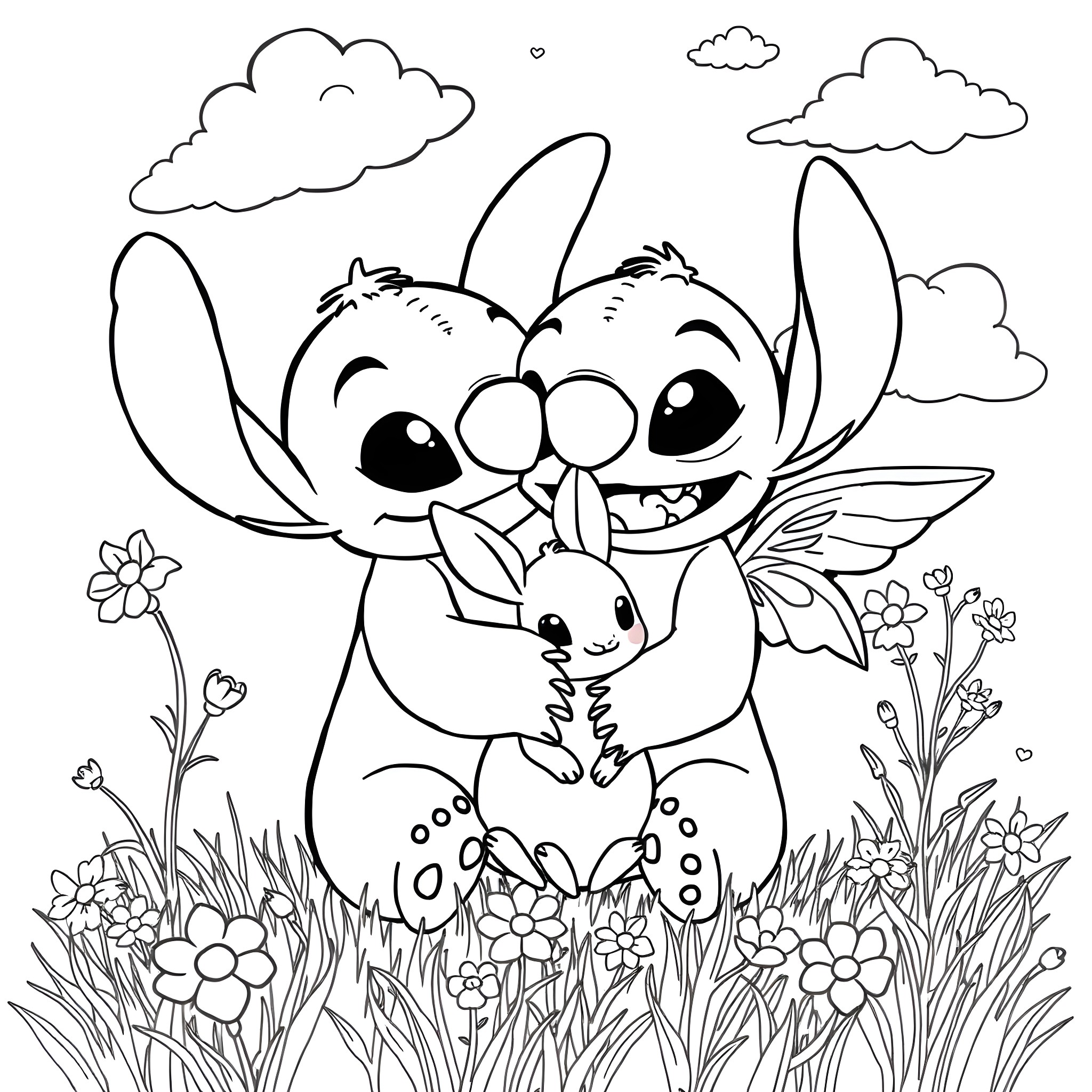 Stitch hugging a bunny in a flower field Coloring Page (free black-and-white line drawing printable PDF for all, from beginners to advanced learners, including children, teens, adults, and seniors)
