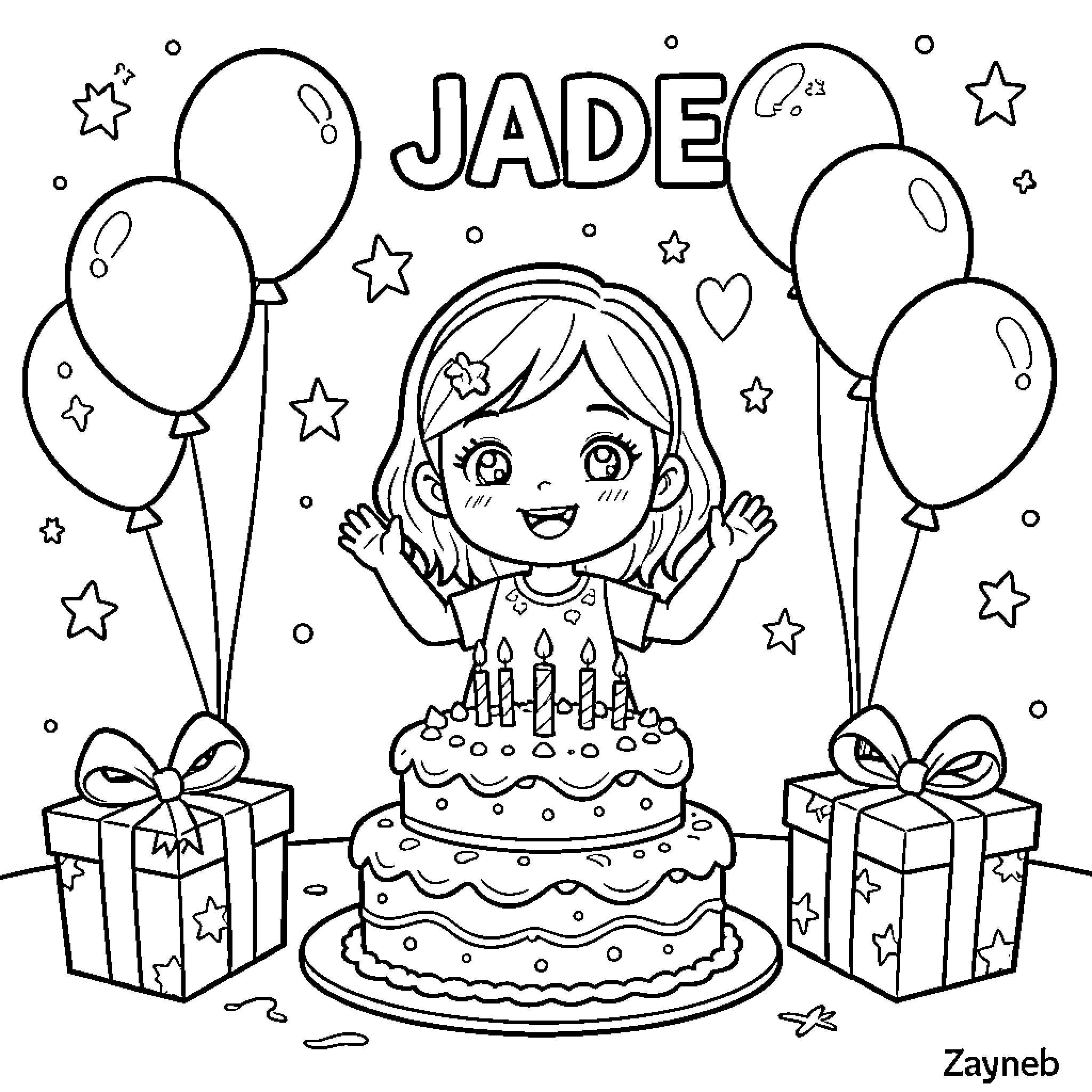 Birthday celebration with a happy girl, cake, and balloons Coloring Page (free black-and-white line drawing printable PDF for all, from beginners to advanced learners, including children, teens, adults, and seniors)
