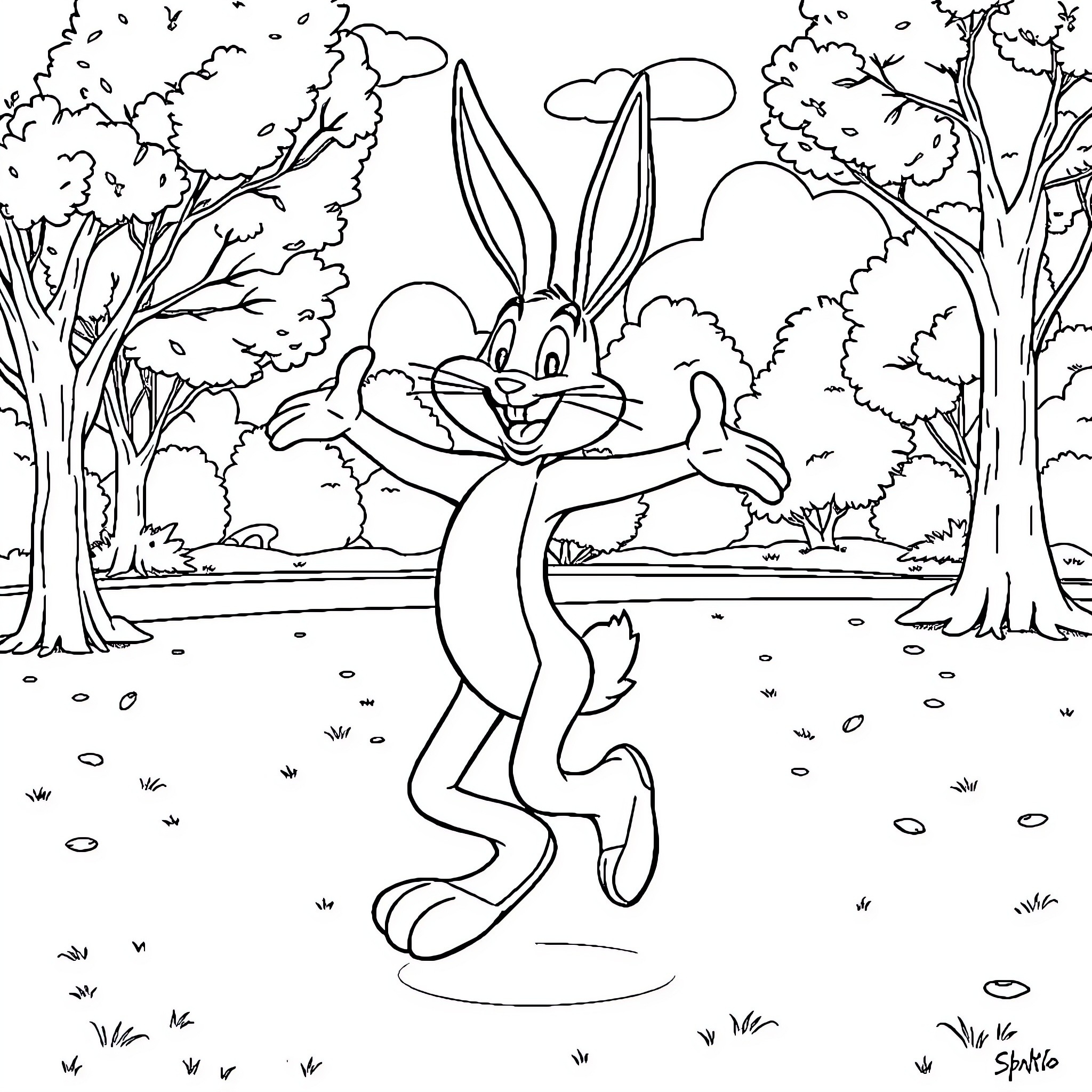 Bugs Bunny dancing joyfully in a forest Coloring Page (free black-and-white line drawing printable PDF for all, from beginners to advanced learners, including children, teens, adults, and seniors)