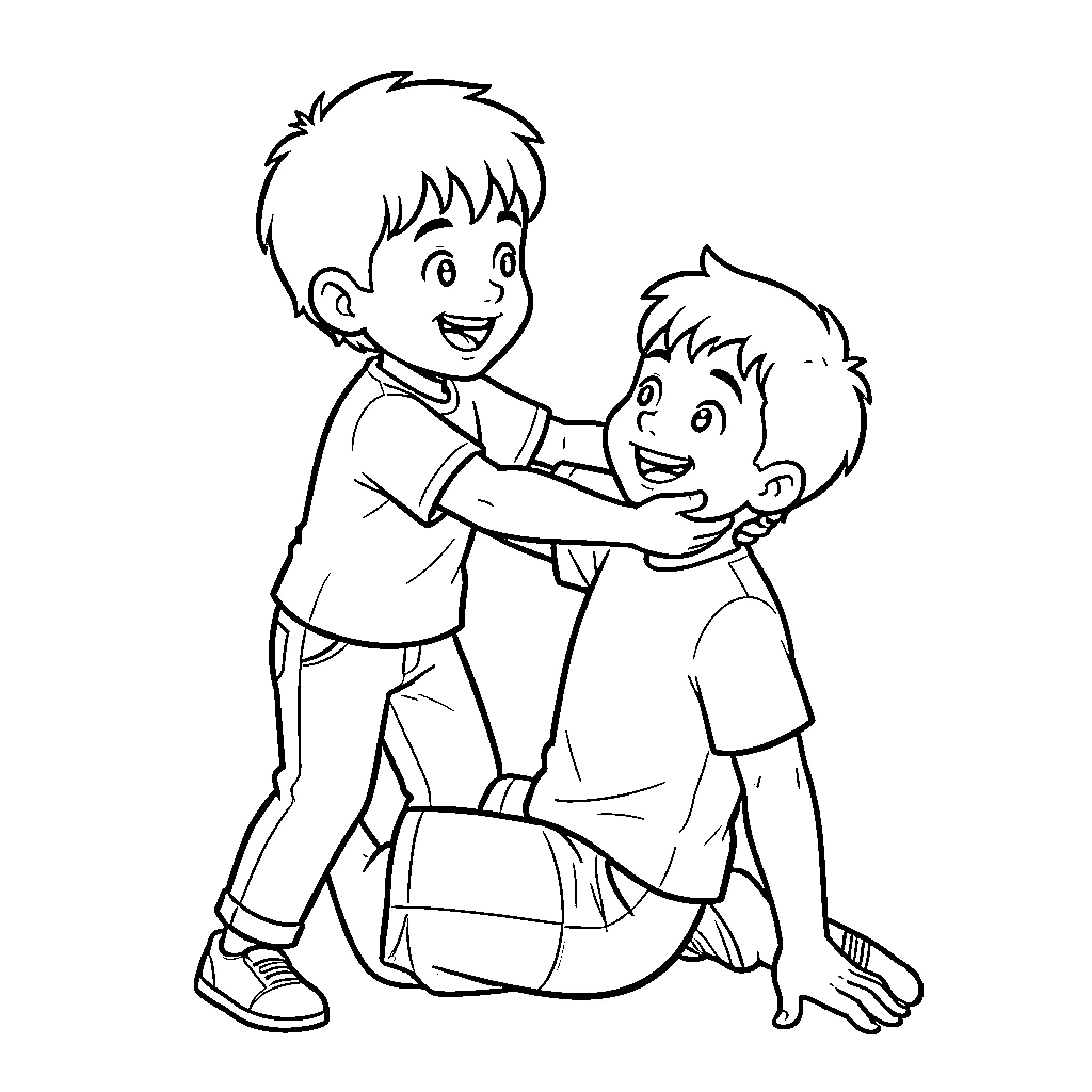 Niño helping friend up from the ground Coloring Page (free black-and-white line drawing printable PDF for all, from beginners to advanced learners, including children, teens, adults, and seniors)