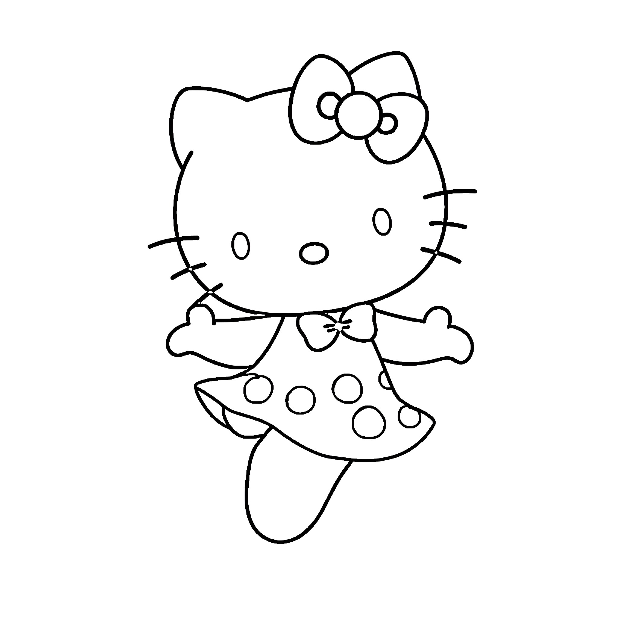 Hello Kitty enjoying a polka dot dress Coloring Page (free black-and-white line drawing printable PDF for all, from beginners to advanced learners, including children, teens, adults, and seniors)
