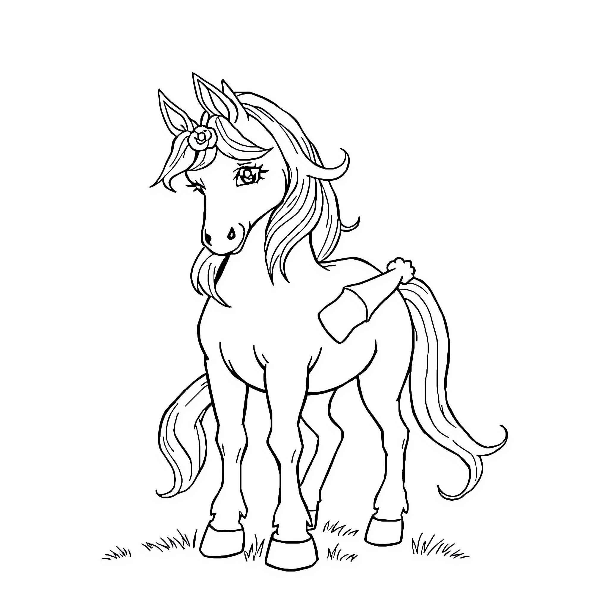 Unicorn standing gracefully in field Coloring Page (free black-and-white line drawing printable PDF for all, from beginners to advanced learners, including children, teens, adults, and seniors)