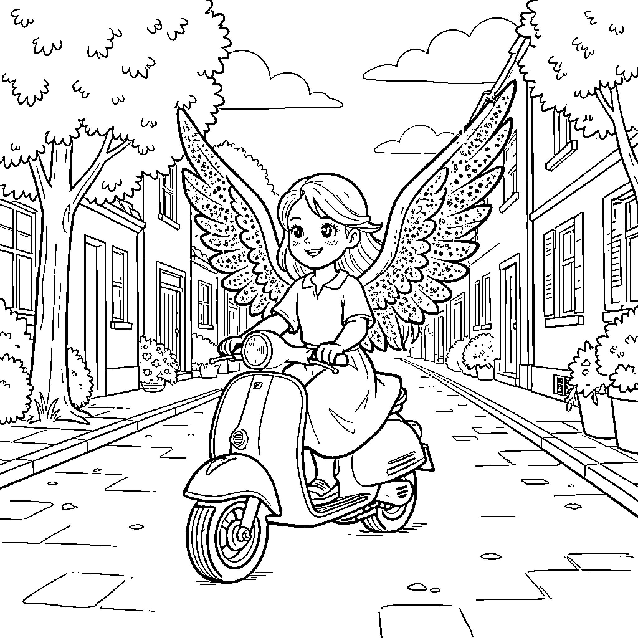 Angel riding a scooter down a charming street Coloring Page (free black-and-white line drawing printable PDF for all, from beginners to advanced learners, including children, teens, adults, and seniors)