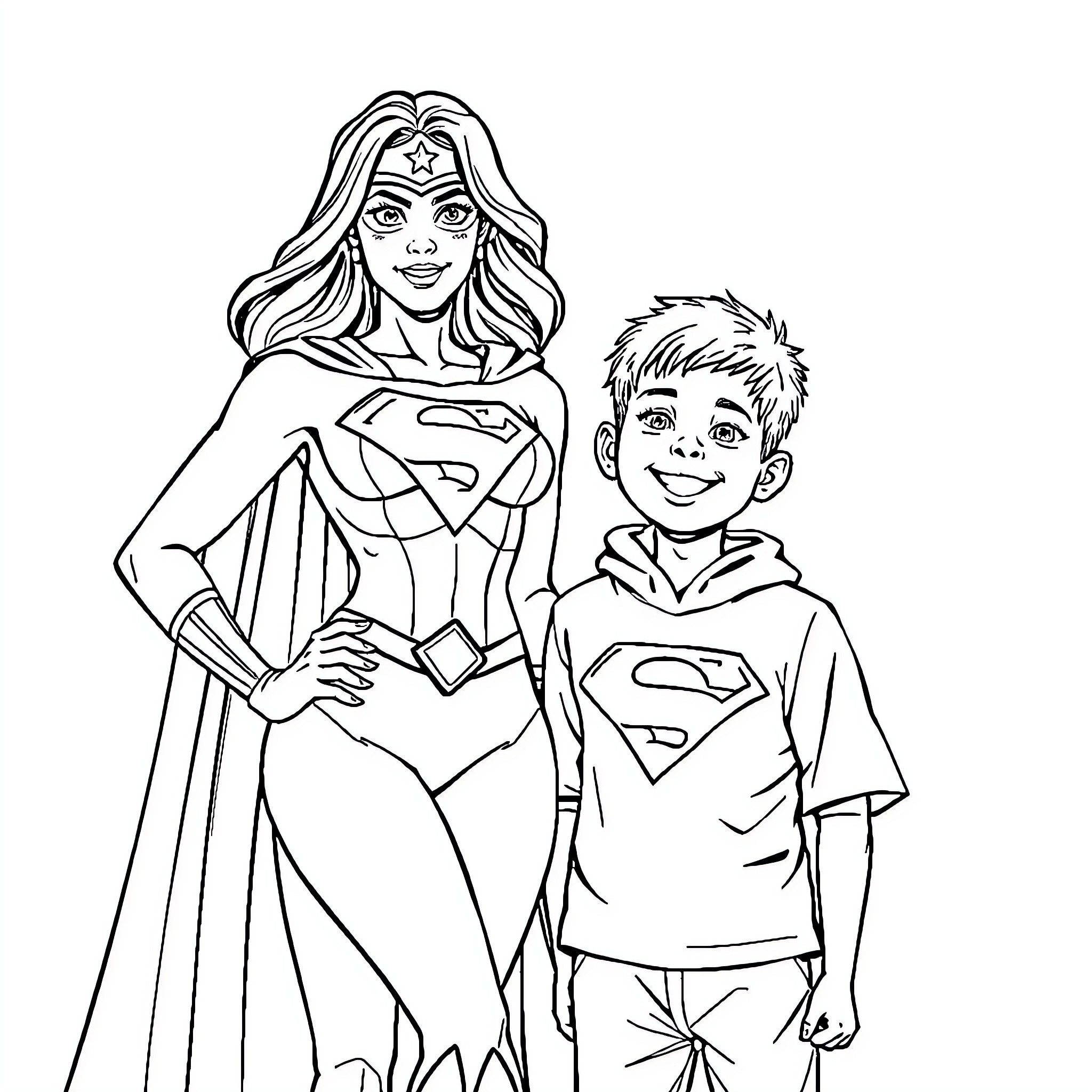 Superwoman and child superhero posing together Coloring Page (free black-and-white line drawing printable PDF for all, from beginners to advanced learners, including children, teens, adults, and seniors)