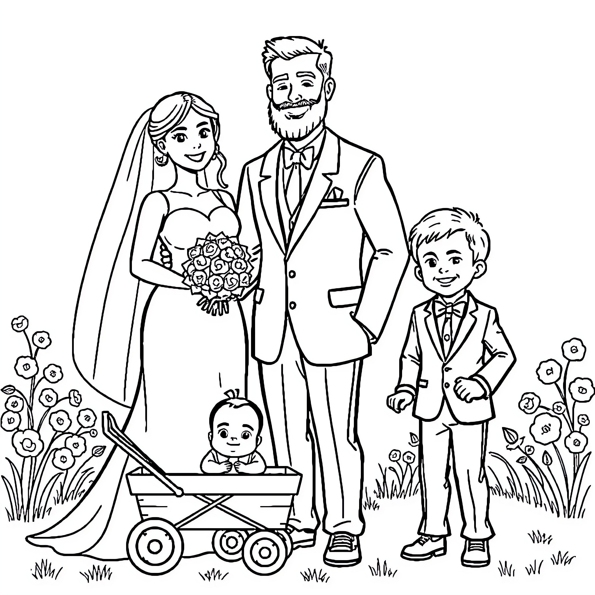 Bride and Groom at Joyous Wedding Celebration Coloring Page (free black-and-white line drawing printable PDF for all, from beginners to advanced learners, including children, teens, adults, and seniors)