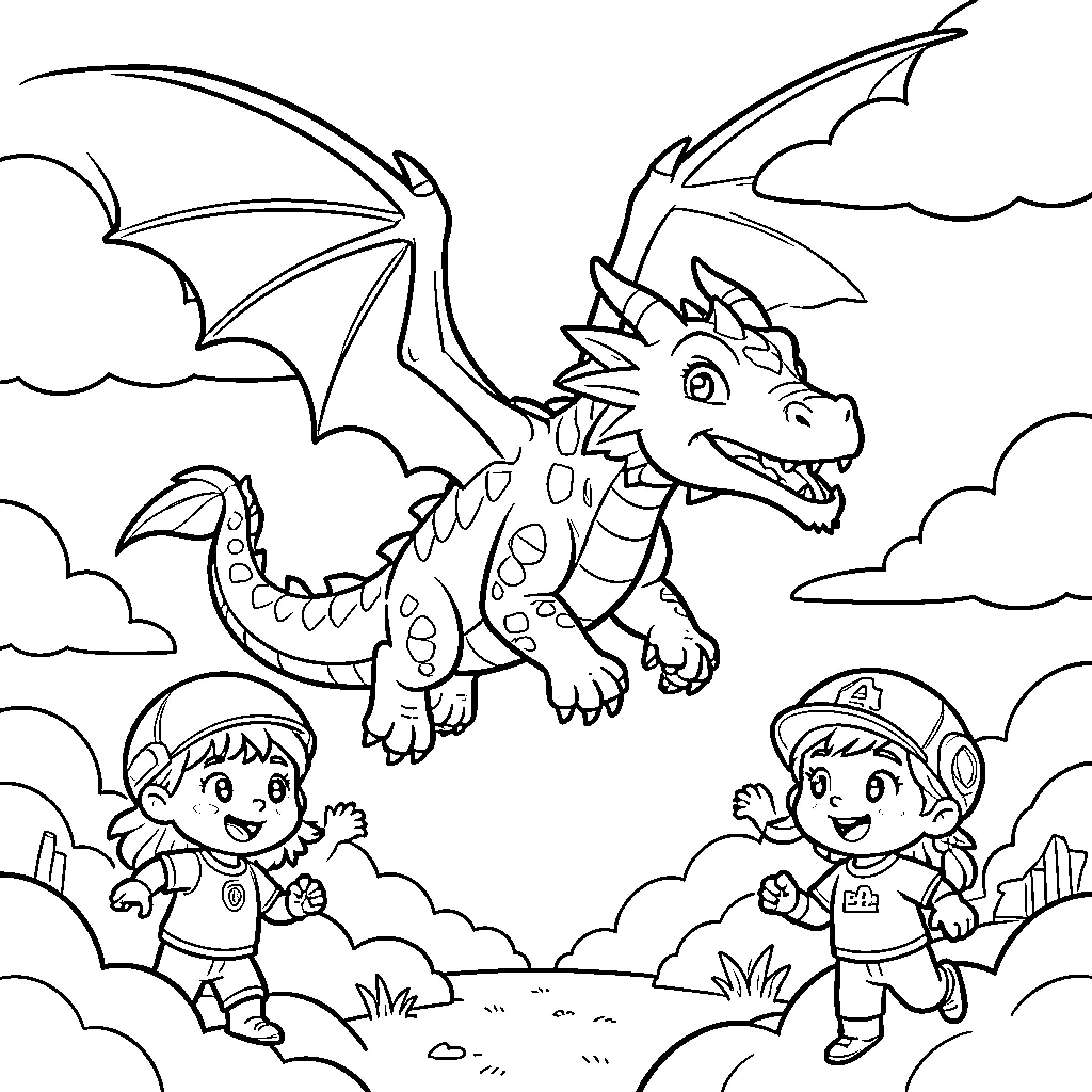 Pat Patrol watching a dragon fly through clouds Coloring Page (free black-and-white line drawing printable PDF for all, from beginners to advanced learners, including children, teens, adults, and seniors)