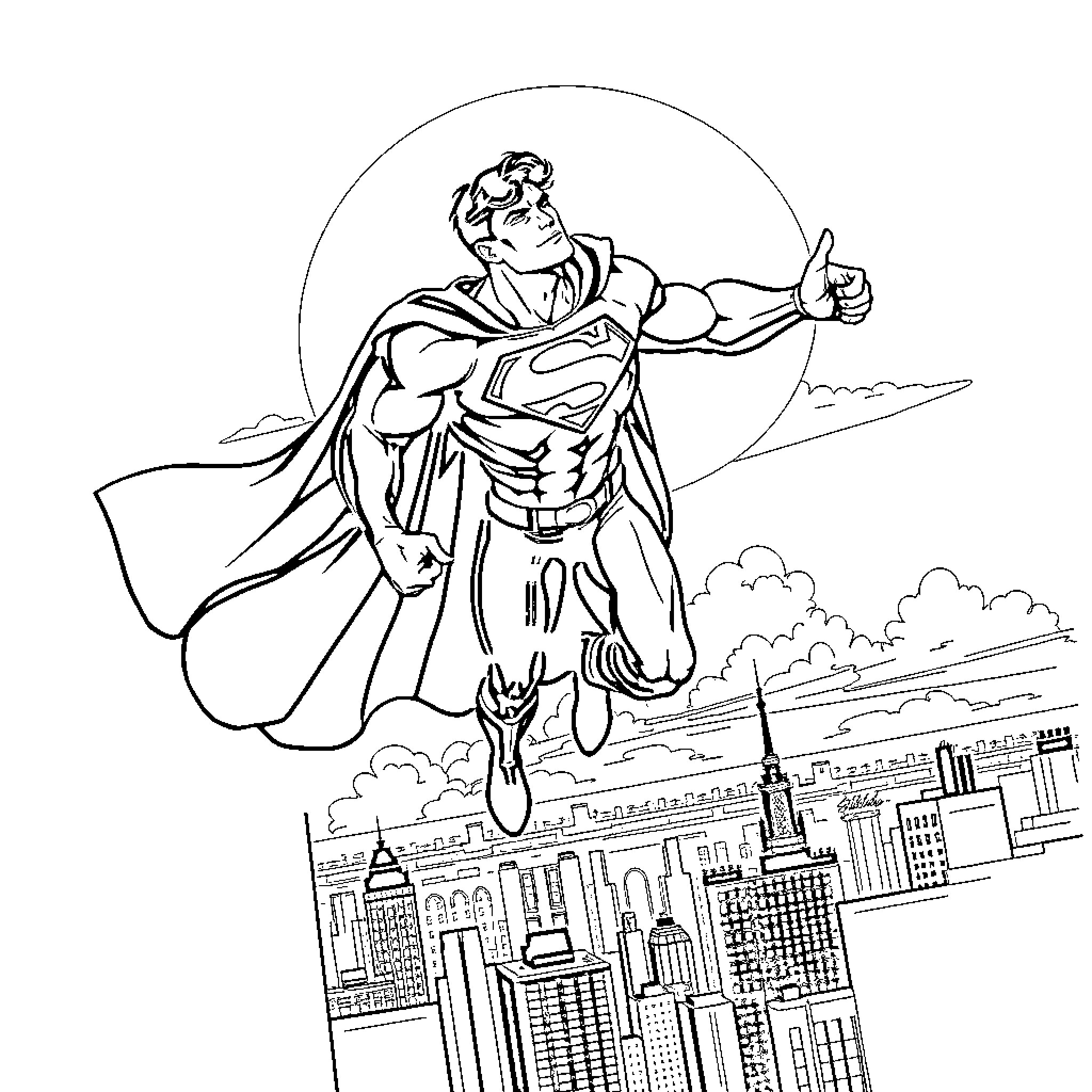 Superman soaring heroically over the city Coloring Page (free black-and-white line drawing printable PDF for all, from beginners to advanced learners, including children, teens, adults, and seniors)
