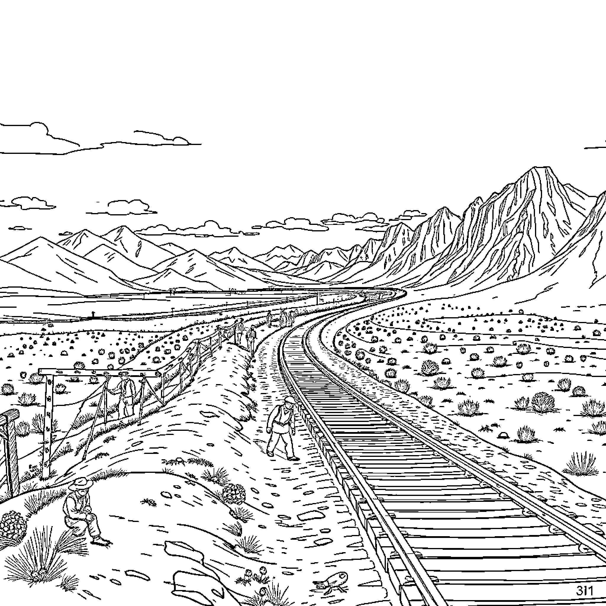 Transcontinental Railroad through Mountainous Landscape Coloring Page (free black-and-white line drawing printable PDF for all, from beginners to advanced learners, including children, teens, adults, and seniors)