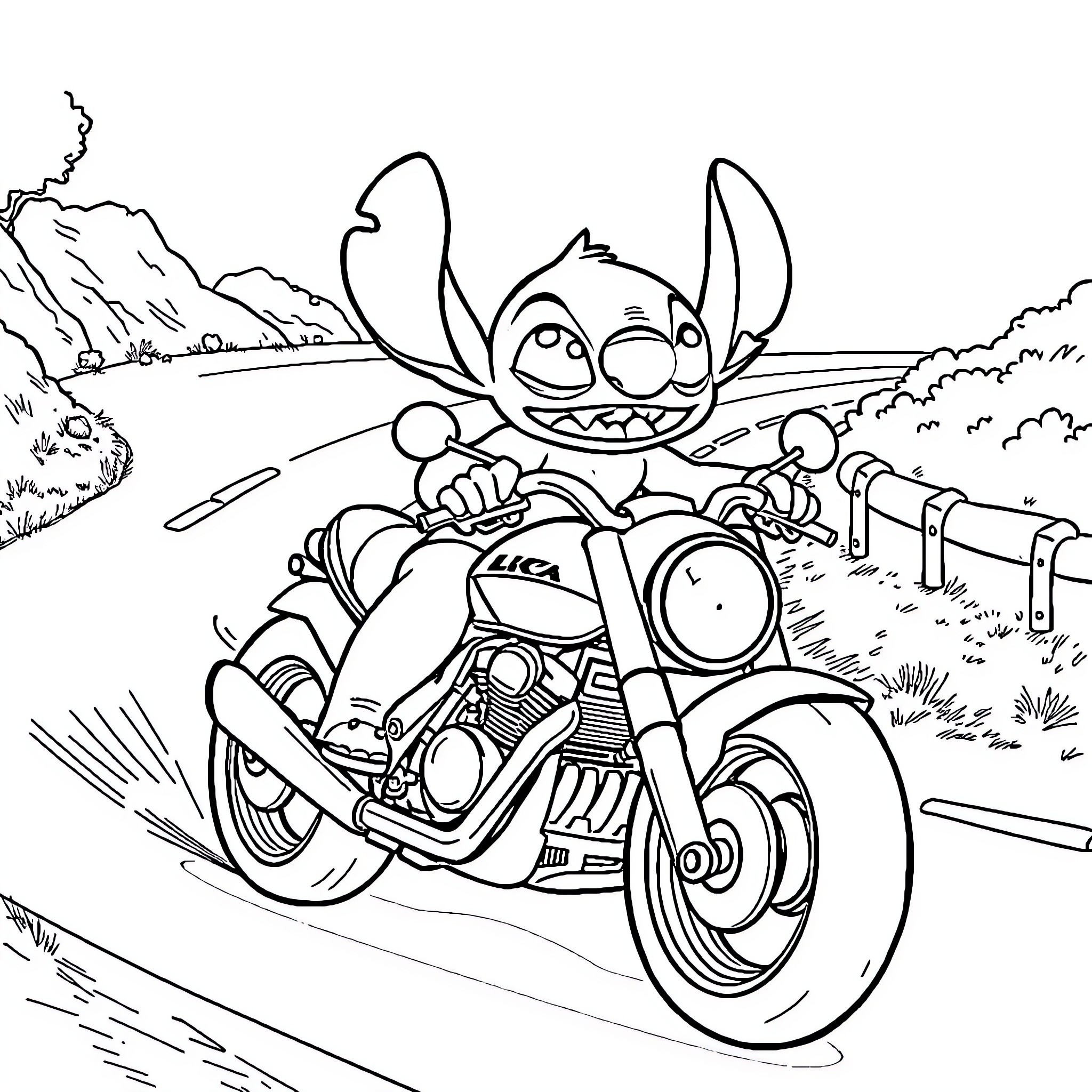 Stitch riding a motorcycle on the open road Coloring Page (free black-and-white line drawing printable PDF for all, from beginners to advanced learners, including children, teens, adults, and seniors)