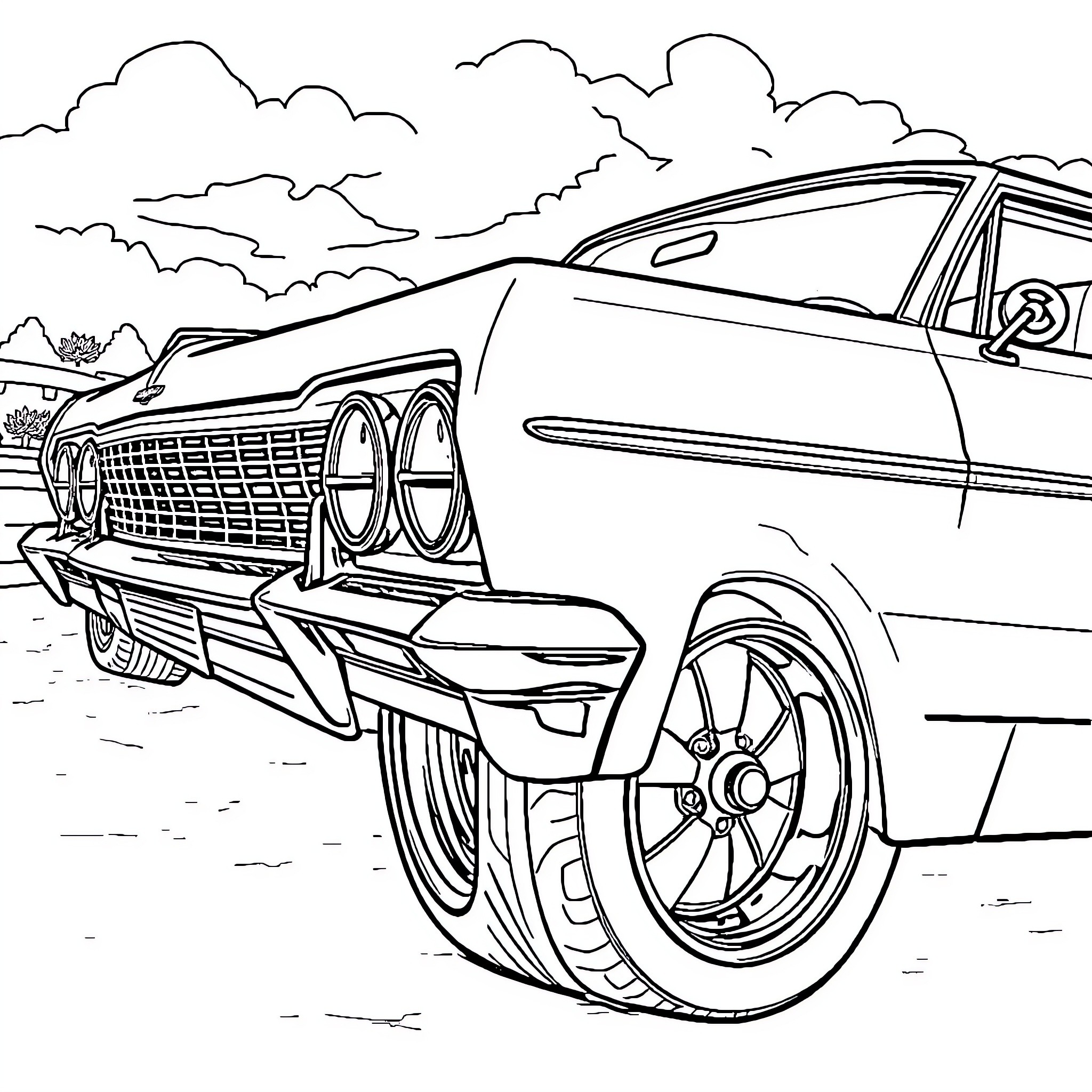Impala muscle car in scenic landscape Coloring Page (free black-and-white line drawing printable PDF for all, from beginners to advanced learners, including children, teens, adults, and seniors)