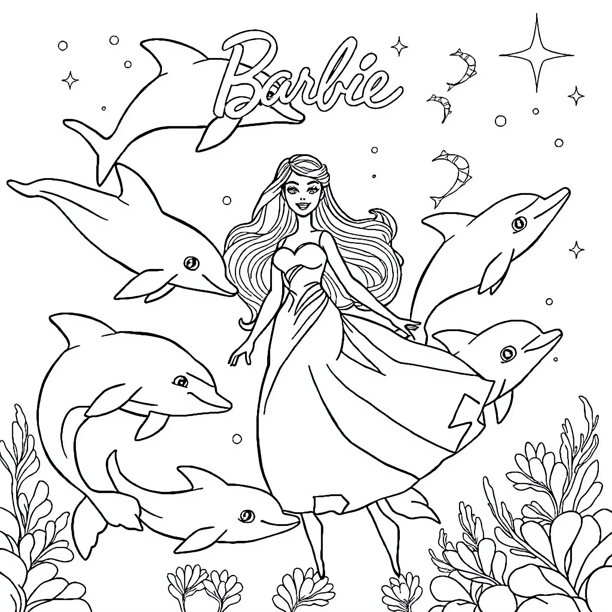 Dolphin girl in the underwater world Coloring Page (free black-and-white line drawing printable PDF for all, from beginners to advanced learners, including children, teens, adults, and seniors)