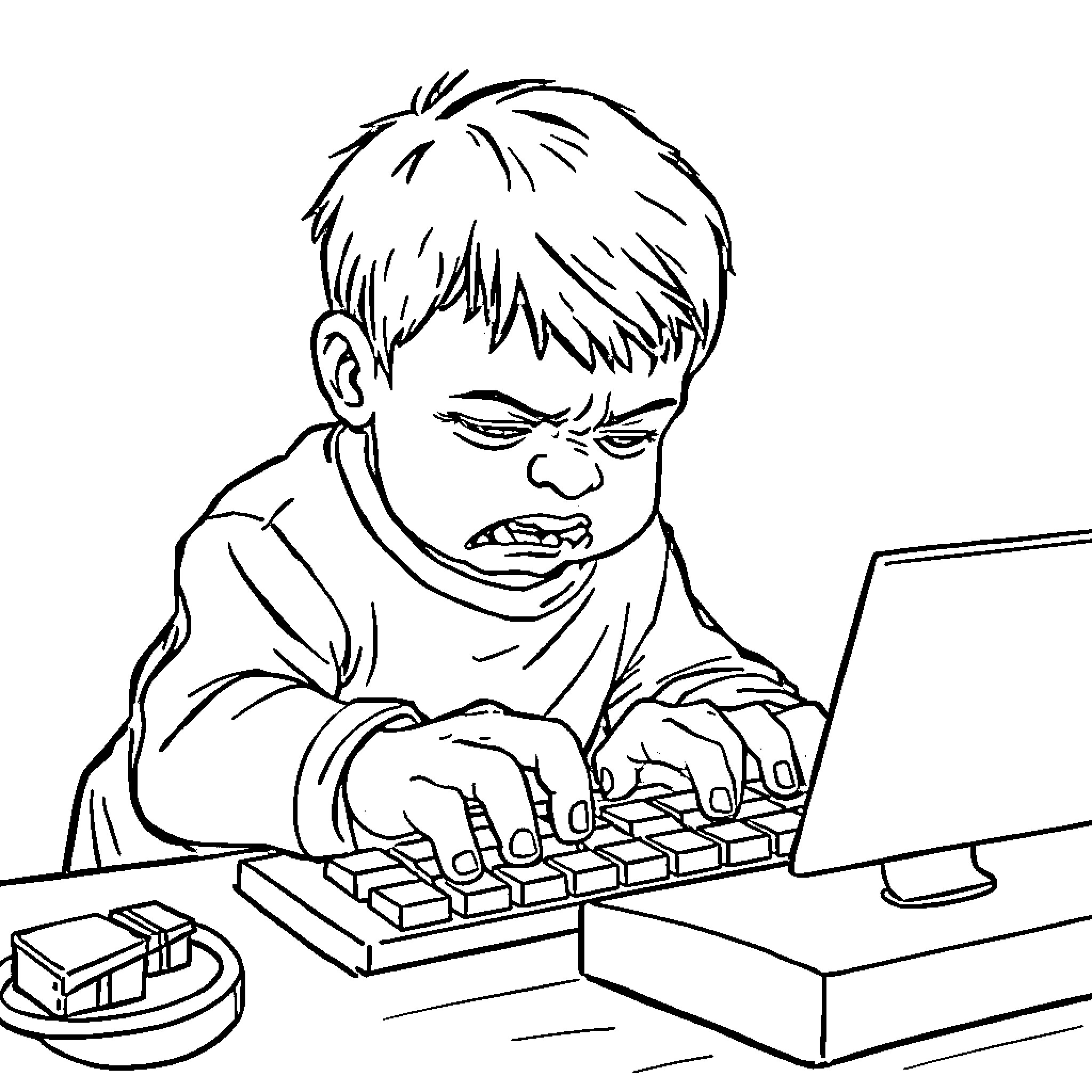 Kid intensely focused on video game Coloring Page (free black-and-white line drawing printable PDF for all, from beginners to advanced learners, including children, teens, adults, and seniors)