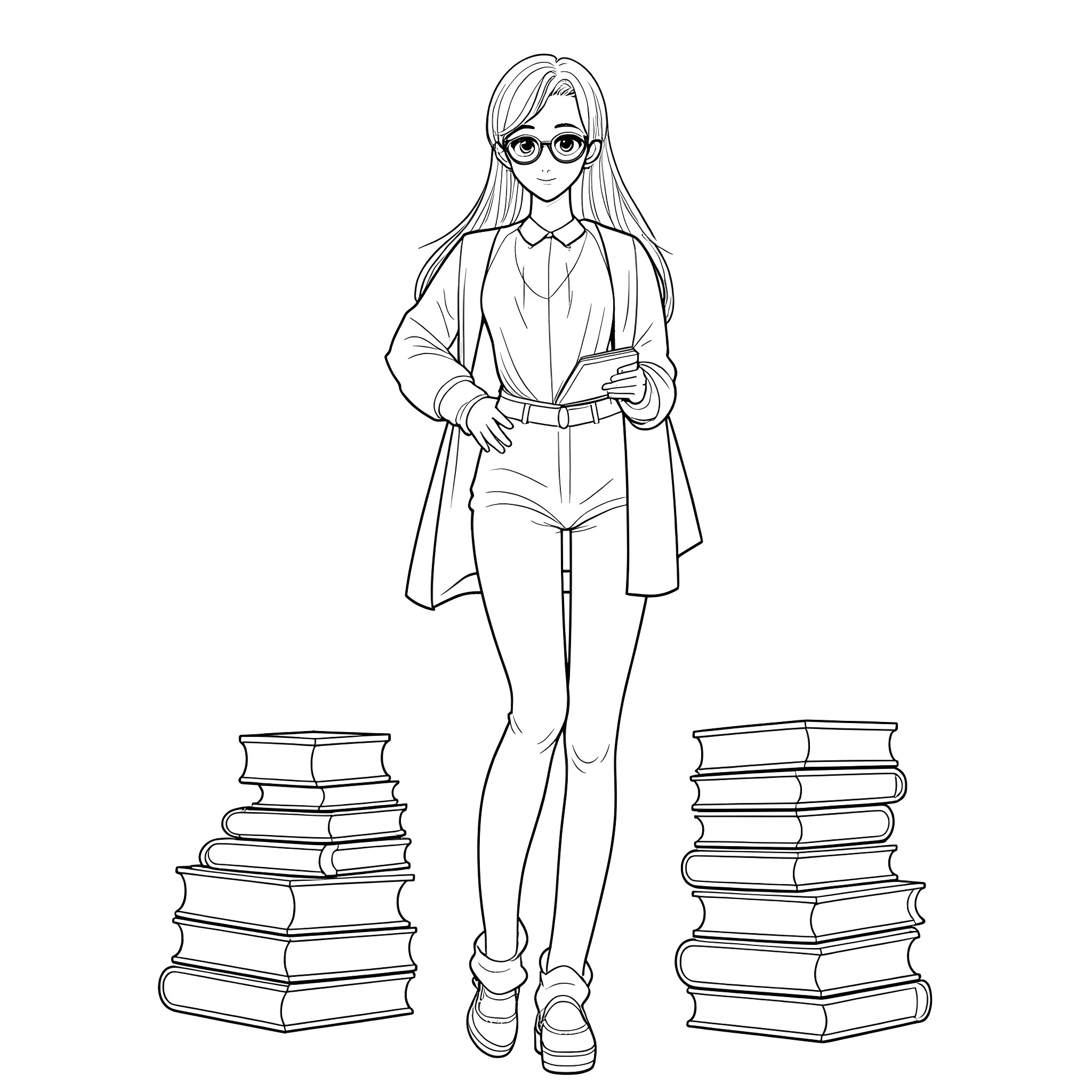 Librarian standing between towering book piles Coloring Page (free black-and-white line drawing printable PDF for all, from beginners to advanced learners, including children, teens, adults, and seniors)