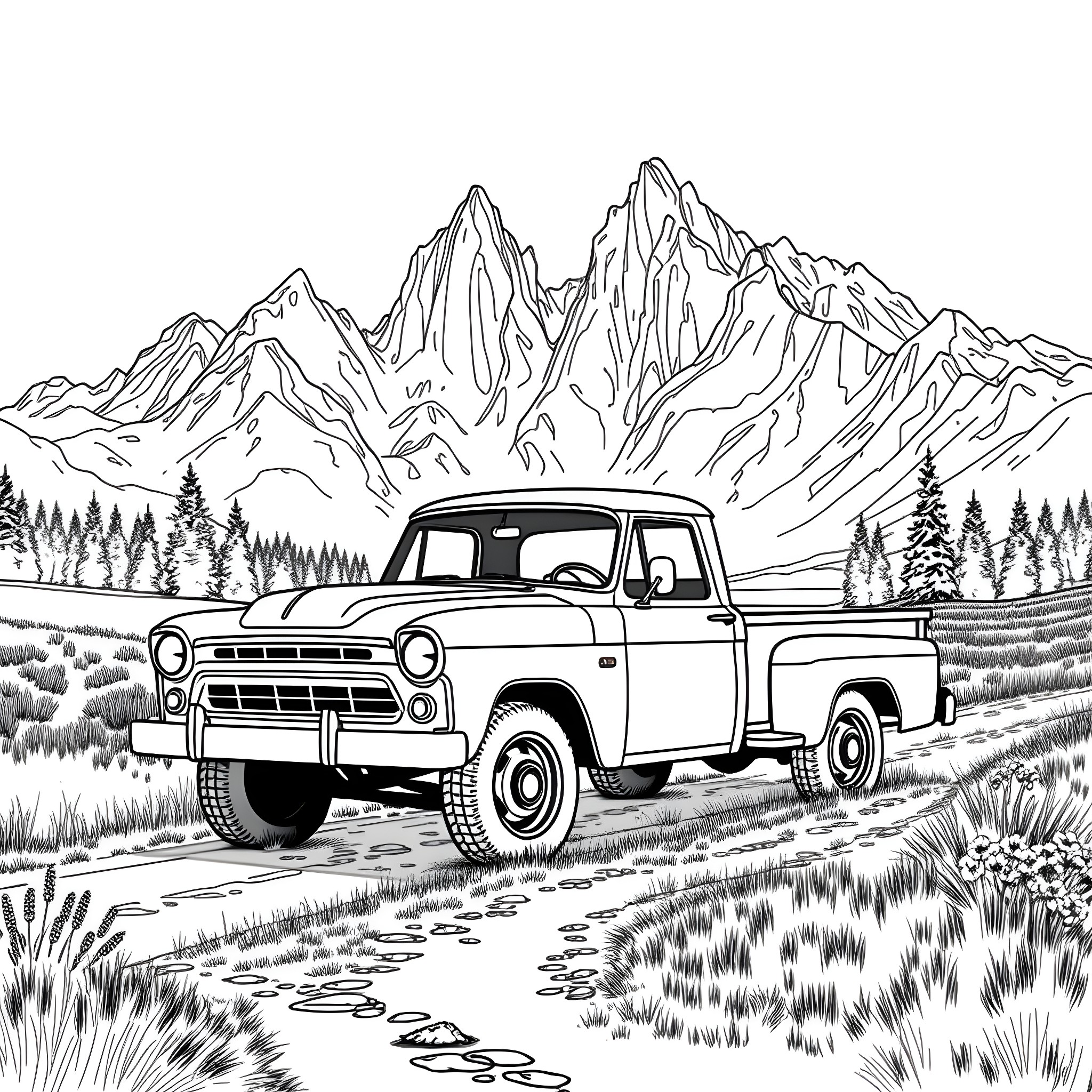 Truck parked amidst majestic mountain landscape Coloring Page (free black-and-white line drawing printable PDF for all, from beginners to advanced learners, including children, teens, adults, and seniors)