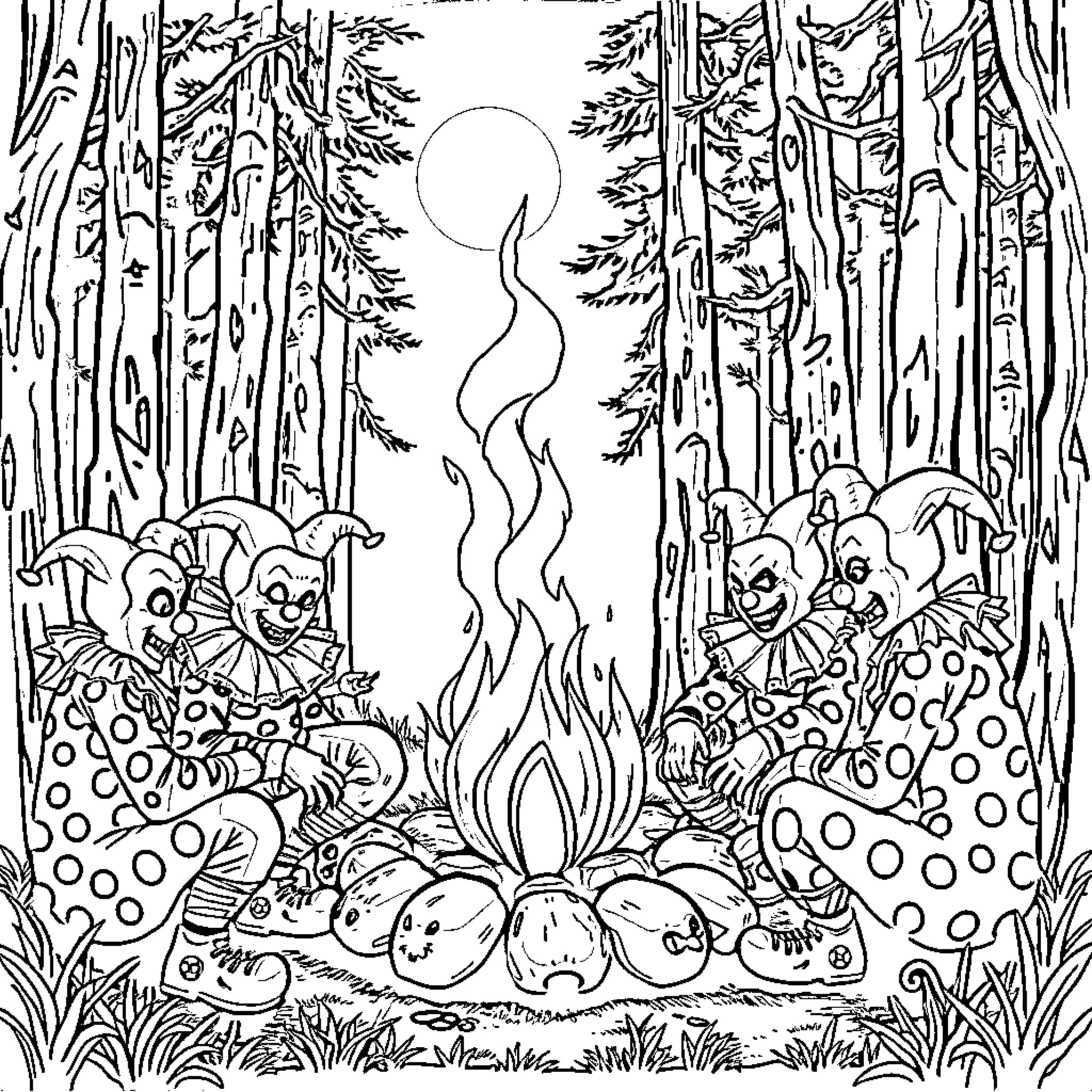 Clown gathering around a campfire in the forest Coloring Page (free black-and-white line drawing printable PDF for all, from beginners to advanced learners, including children, teens, adults, and seniors)