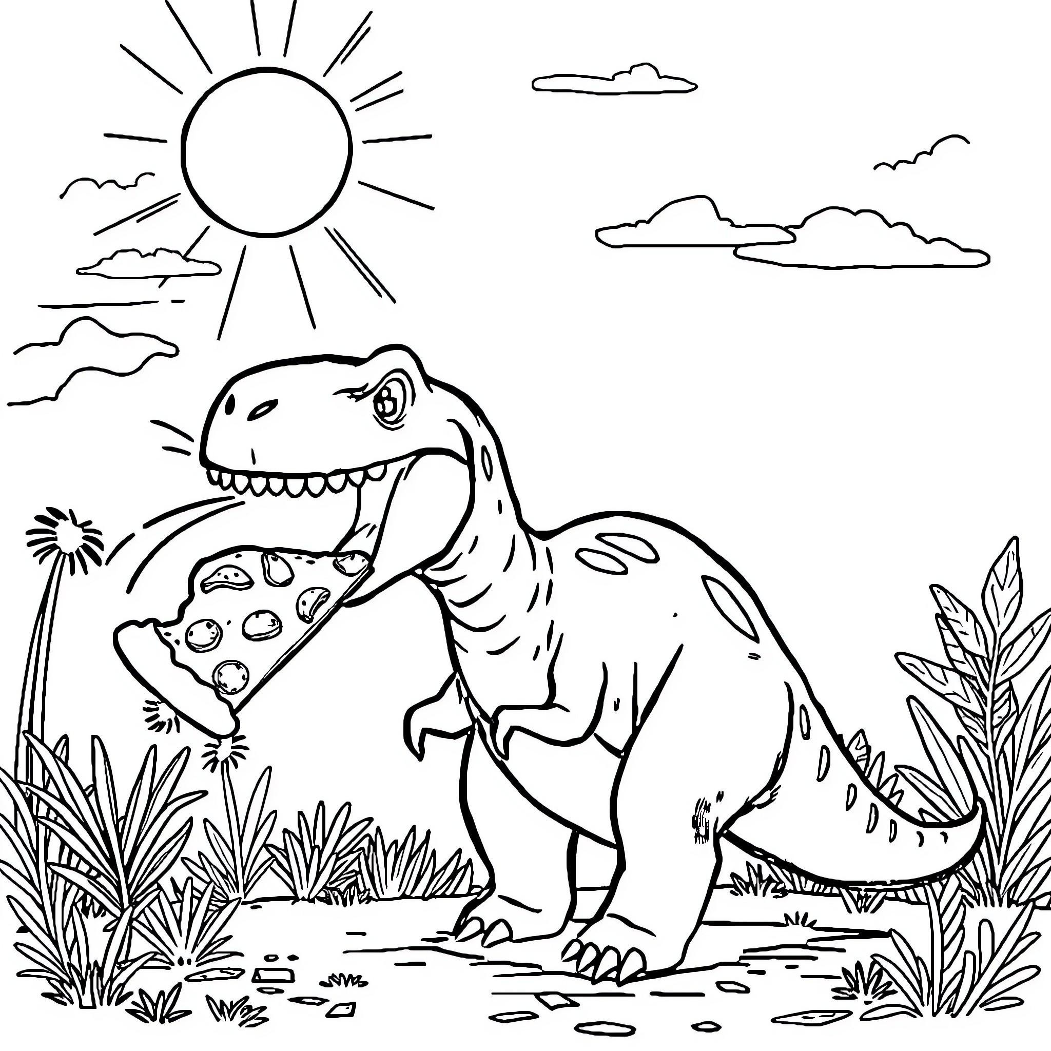 Parasaurolophus enjoying a sunny day in the wilderness Coloring Page (free black-and-white line drawing printable PDF for all, from beginners to advanced learners, including children, teens, adults, and seniors)