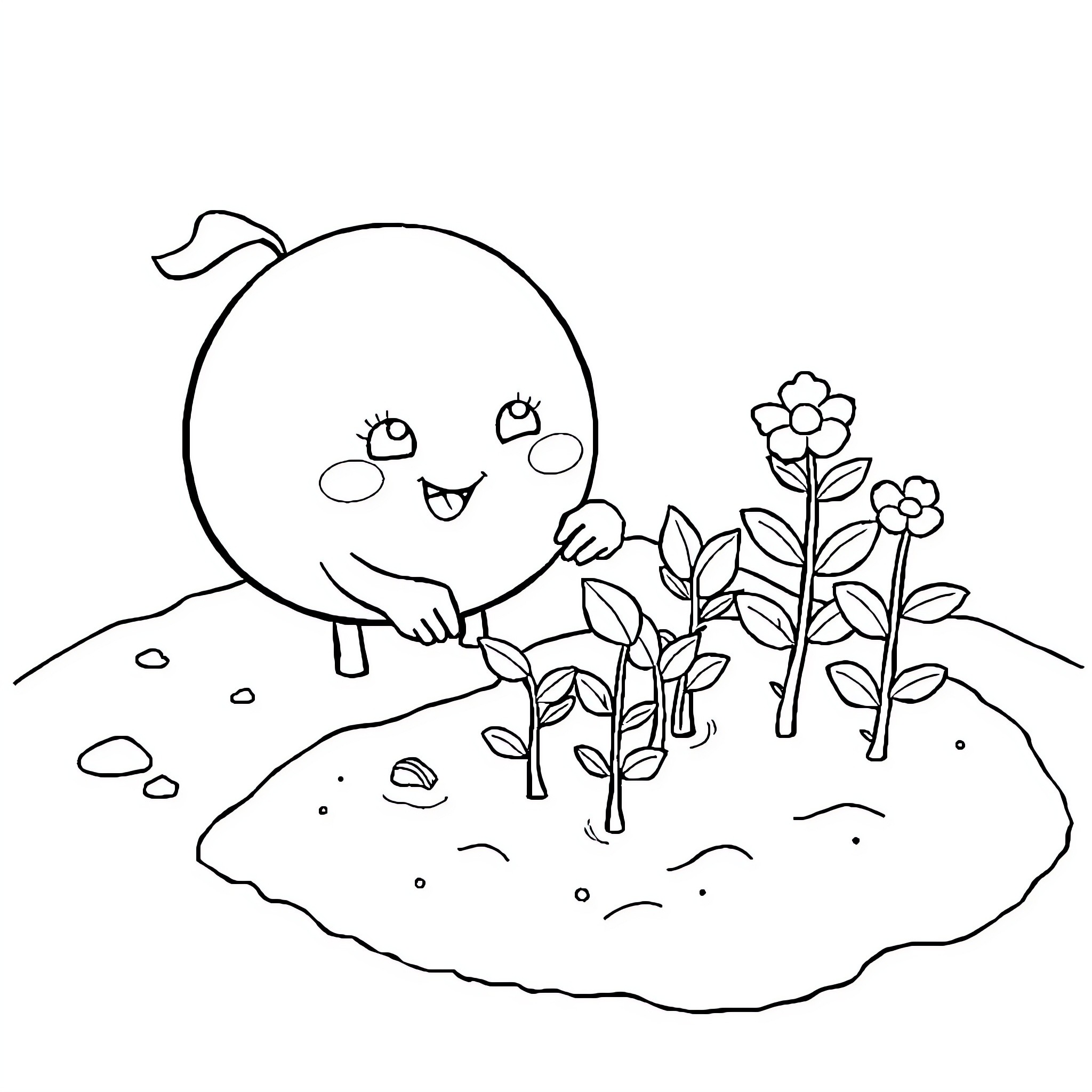 Blob enjoying the outdoors with flowers Coloring Page (free black-and-white line drawing printable PDF for all, from beginners to advanced learners, including children, teens, adults, and seniors)