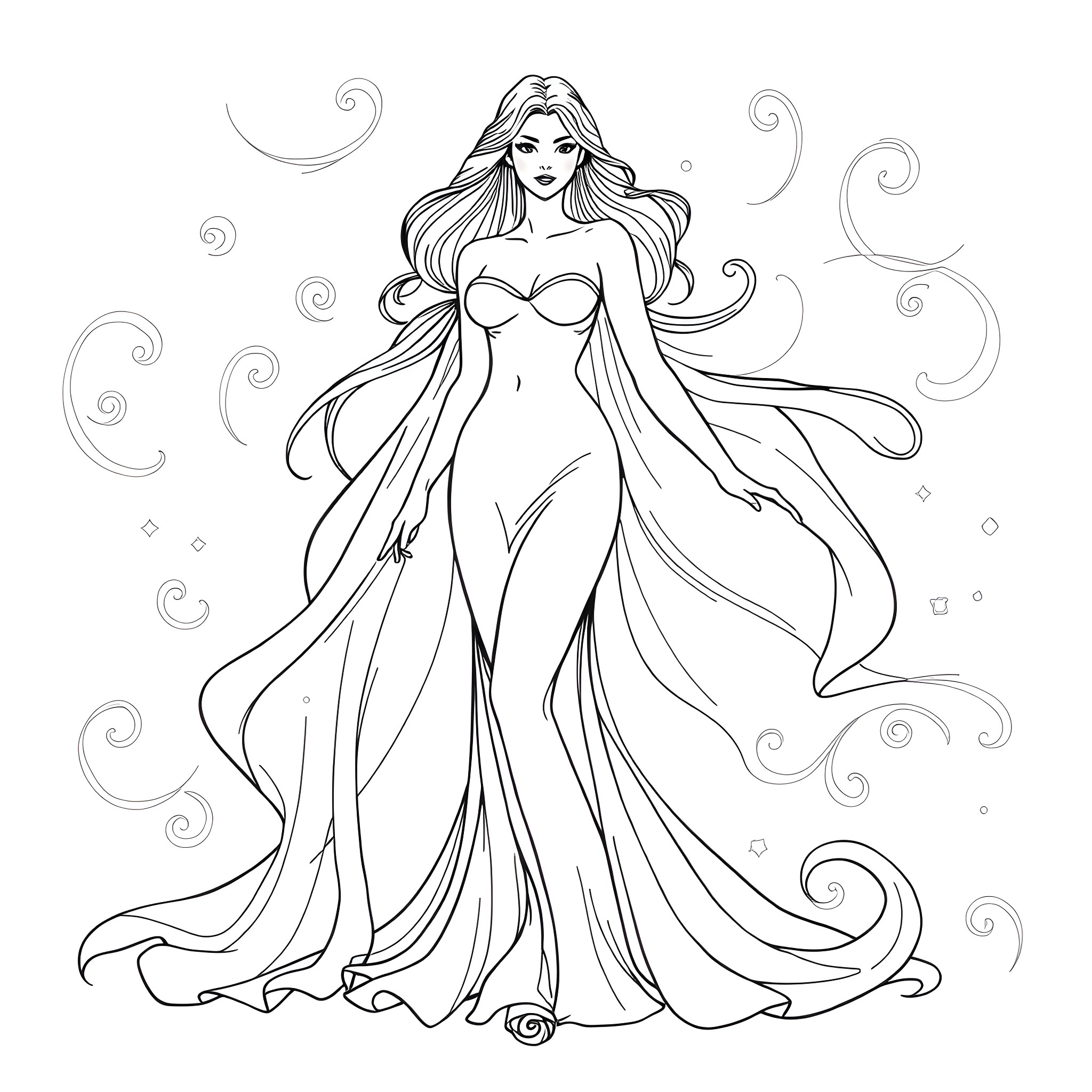 Girl in elegant flowing dress with ethereal swirls Coloring Page (free black-and-white line drawing printable PDF for all, from beginners to advanced learners, including children, teens, adults, and seniors)