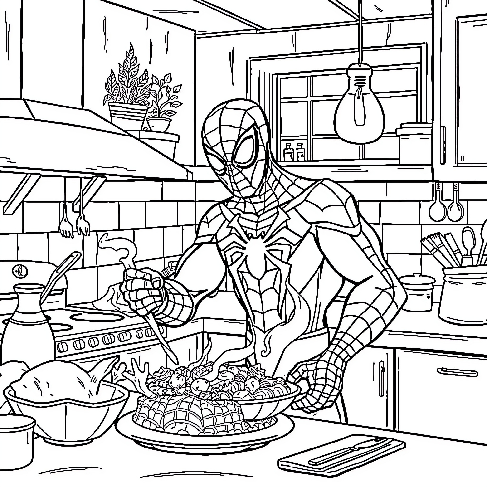 Spiderman enjoying a meal in the kitchen Coloring Page (free black-and-white line drawing printable PDF for all, from beginners to advanced learners, including children, teens, adults, and seniors)