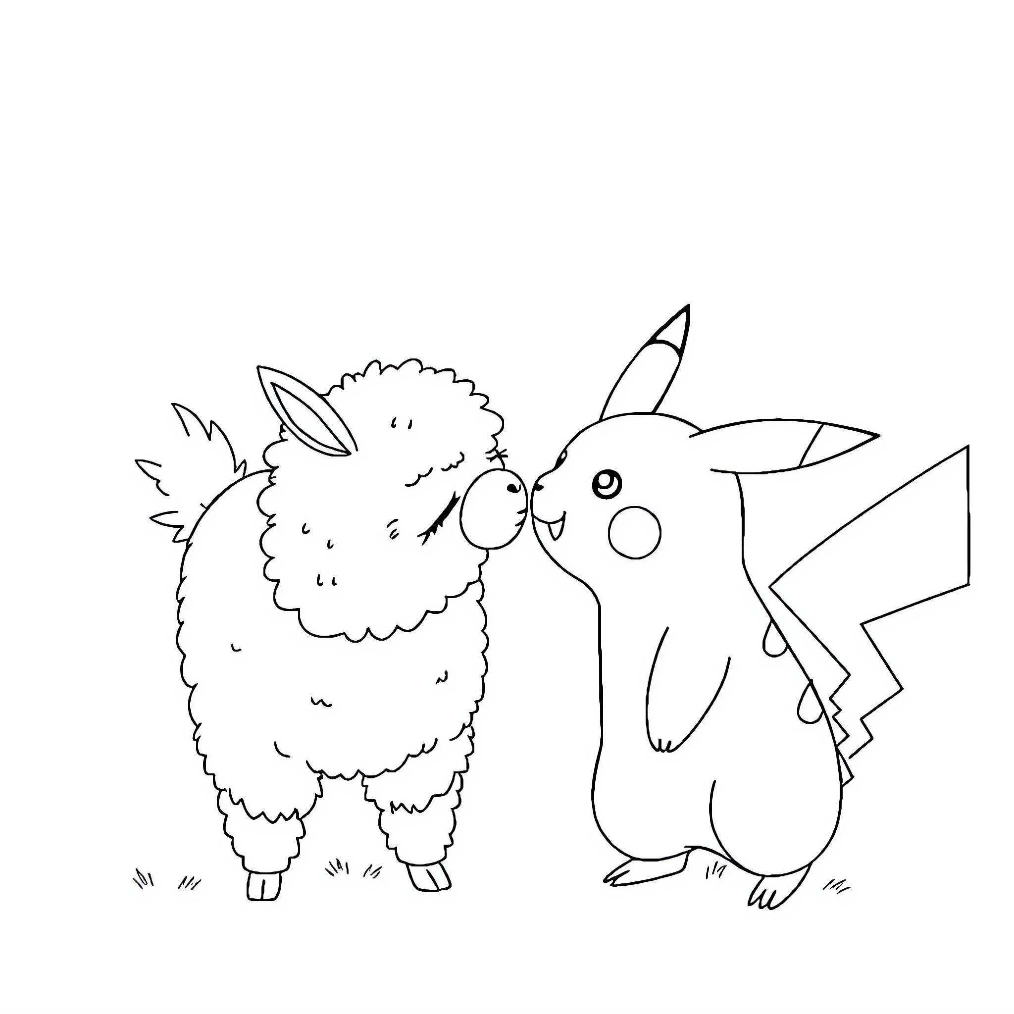Llama and Pikachu playing together Coloring Page (free black-and-white line drawing printable PDF for all, from beginners to advanced learners, including children, teens, adults, and seniors)