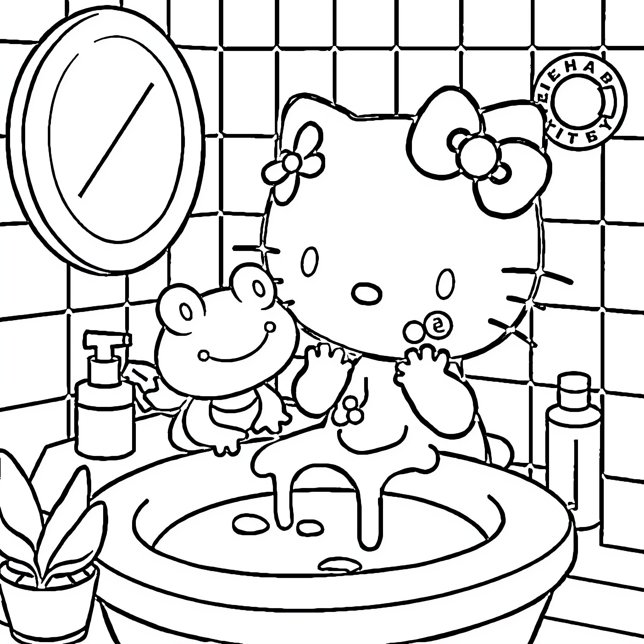 Hello Kitty washing hands in the bathroom Coloring Page (free black-and-white line drawing printable PDF for all, from beginners to advanced learners, including children, teens, adults, and seniors)