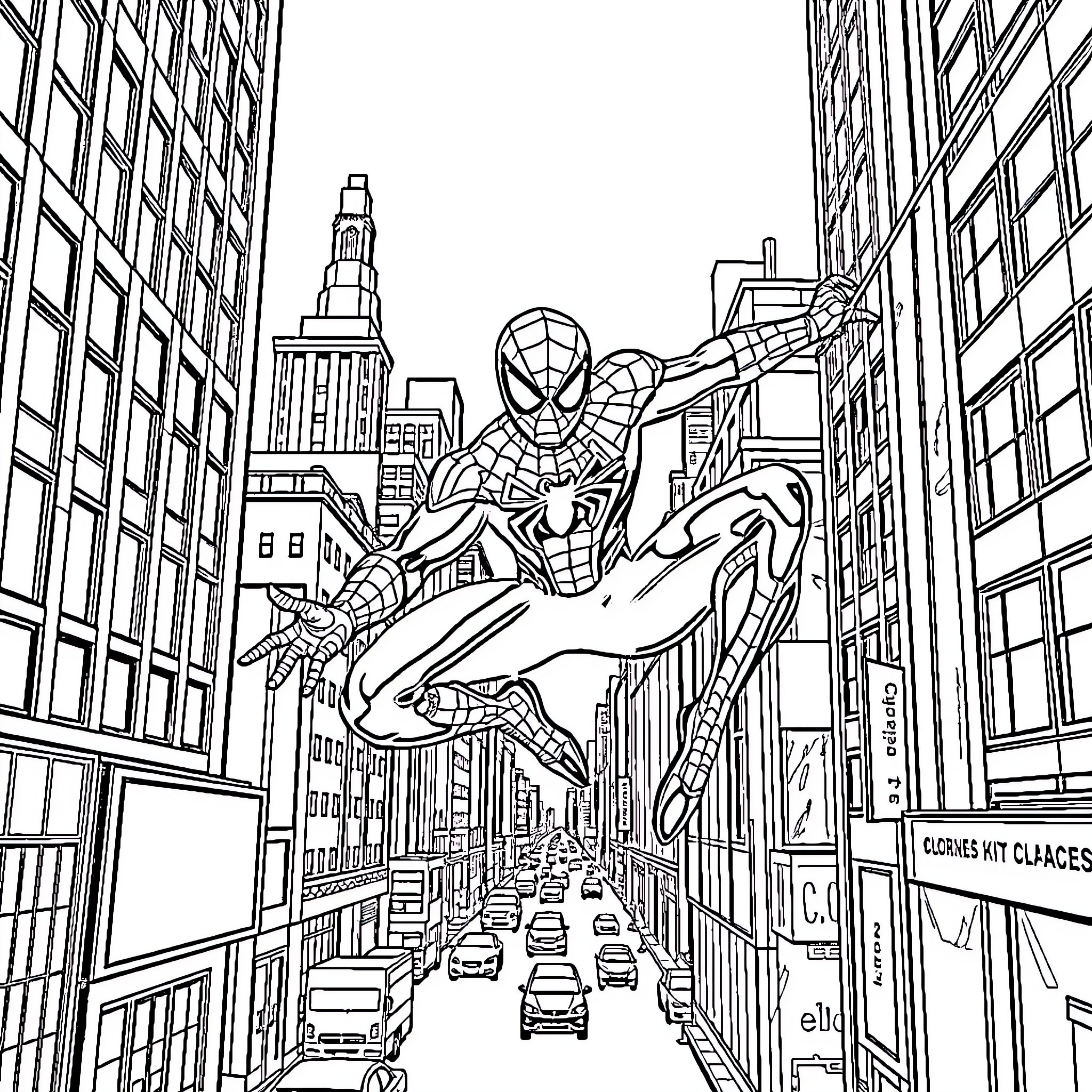 Spider-Man swinging through the city skyline Coloring Page (free black-and-white line drawing printable PDF for all, from beginners to advanced learners, including children, teens, adults, and seniors)
