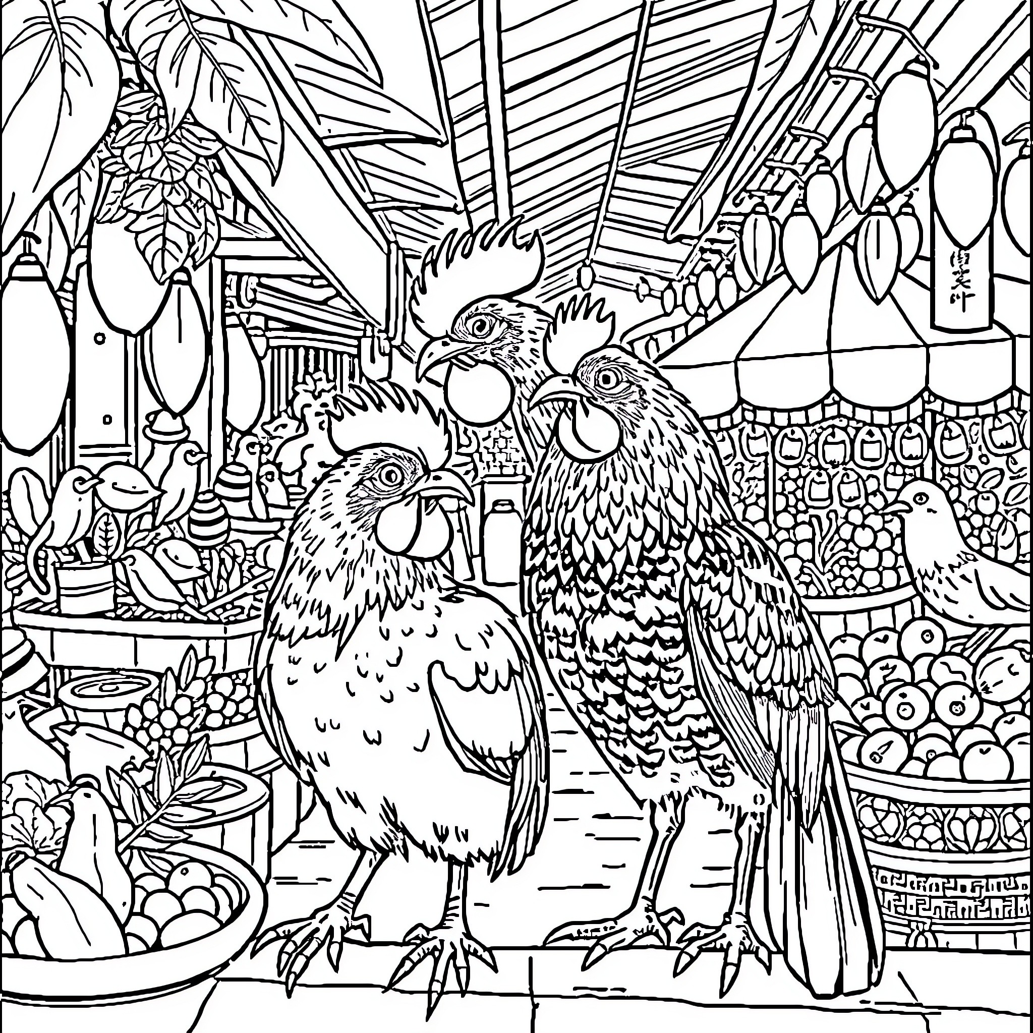 Chicken and Duck in Tropical Sanctuary Coloring Page (free black-and-white line drawing printable PDF for all, from beginners to advanced learners, including children, teens, adults, and seniors)