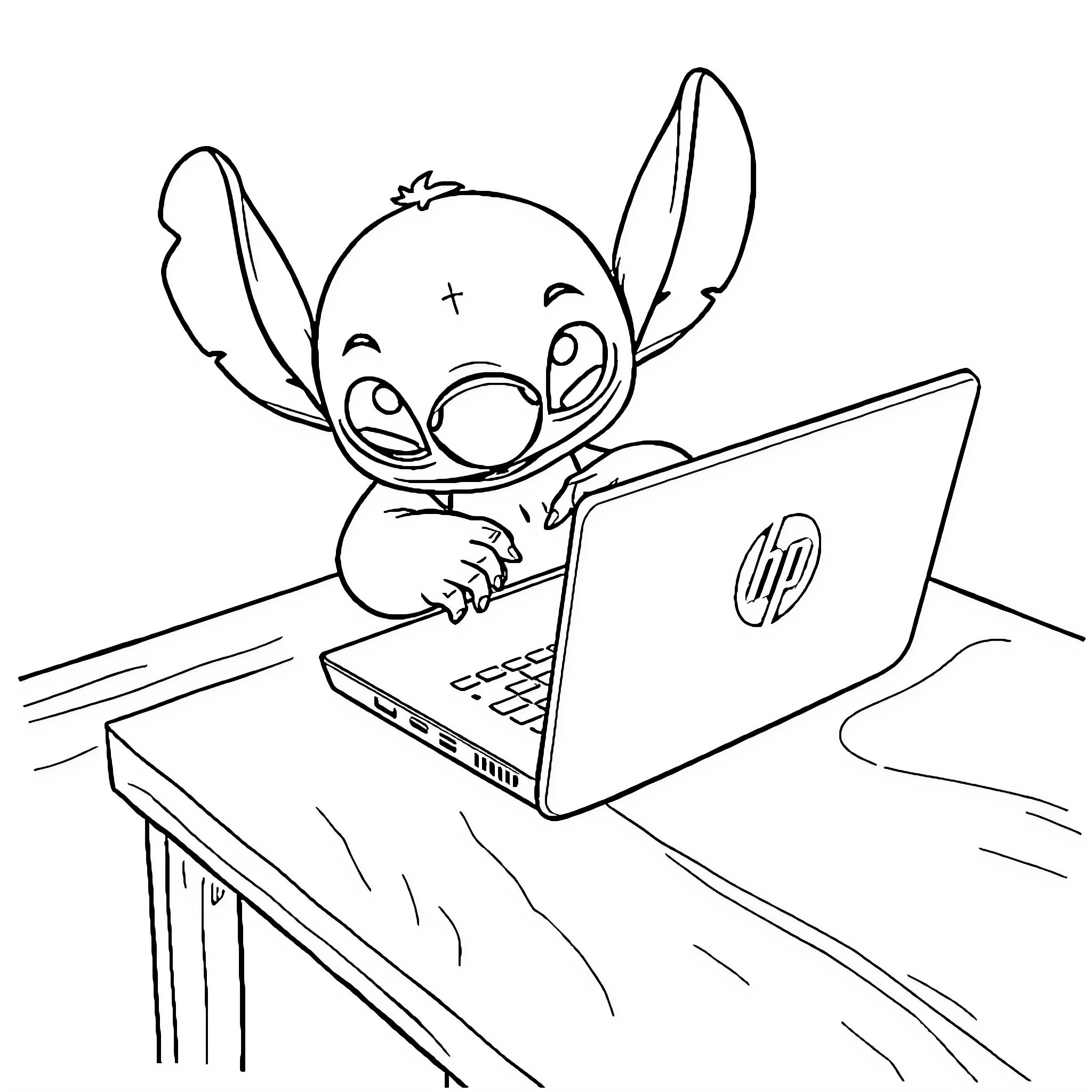 Stitch happily using a laptop on a desk Coloring Page (free black-and-white line drawing printable PDF for all, from beginners to advanced learners, including children, teens, adults, and seniors)