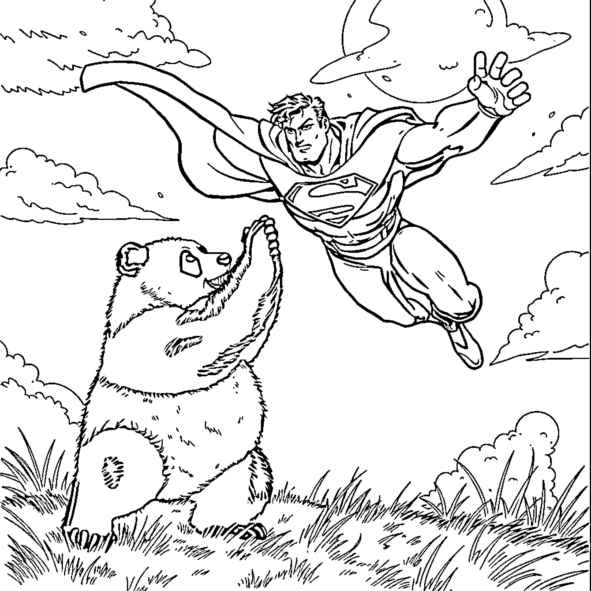 Superman in heroic action flying over a field Coloring Page (free black-and-white line drawing printable PDF for all, from beginners to advanced learners, including children, teens, adults, and seniors)